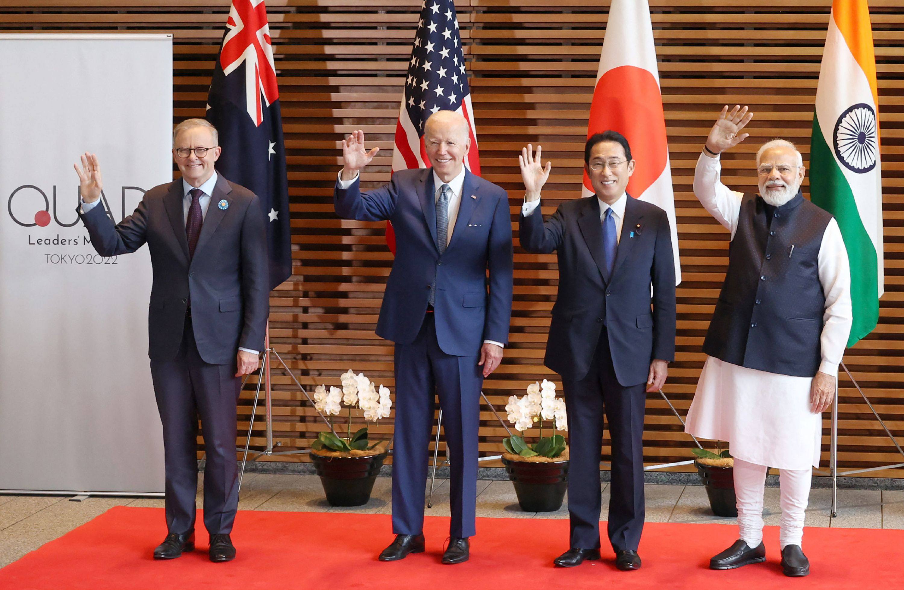 Australian Prime Minister Anthony Albanese, US President Joe Biden, Japanese PM Fumio Kishida, and Indian PM Narendra Modi gather prior to the Quad meeting in Tokyo on May 24, 2022. Photo: AFP