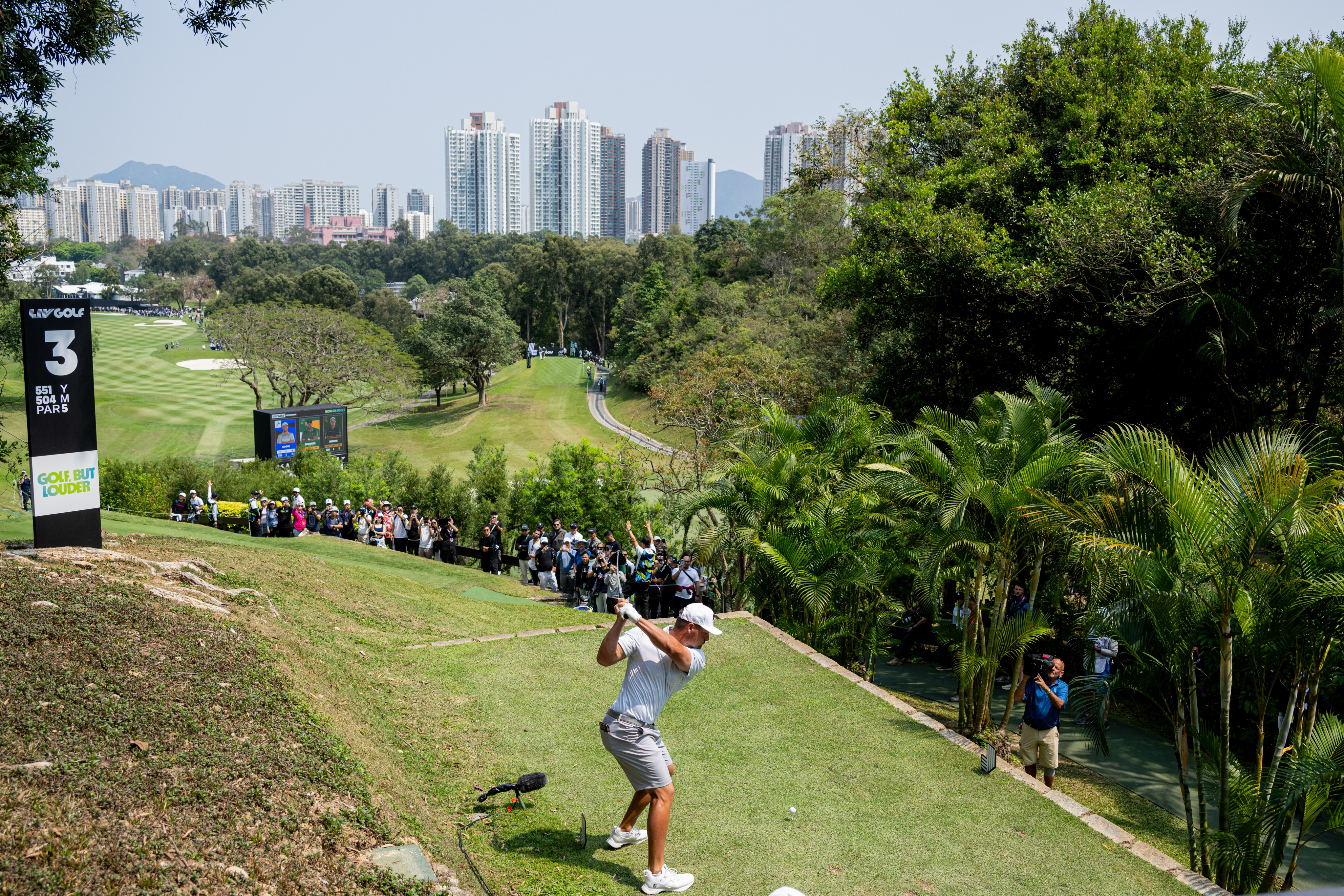Bryson DeChambeau, captain of the Crushers GC team, at the third tee during the first round of LIV Golf Hong Kong at the Hong Kong Golf Club Fanling on Friday. Photo: Charles Laberge/LIV Golf