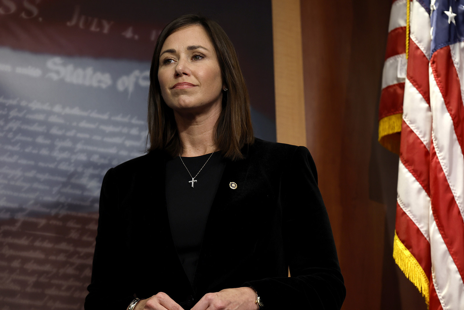 US Senator Katie Britt listens during a news conference on border security at the US Capitol Building in September. Photo: TNS 