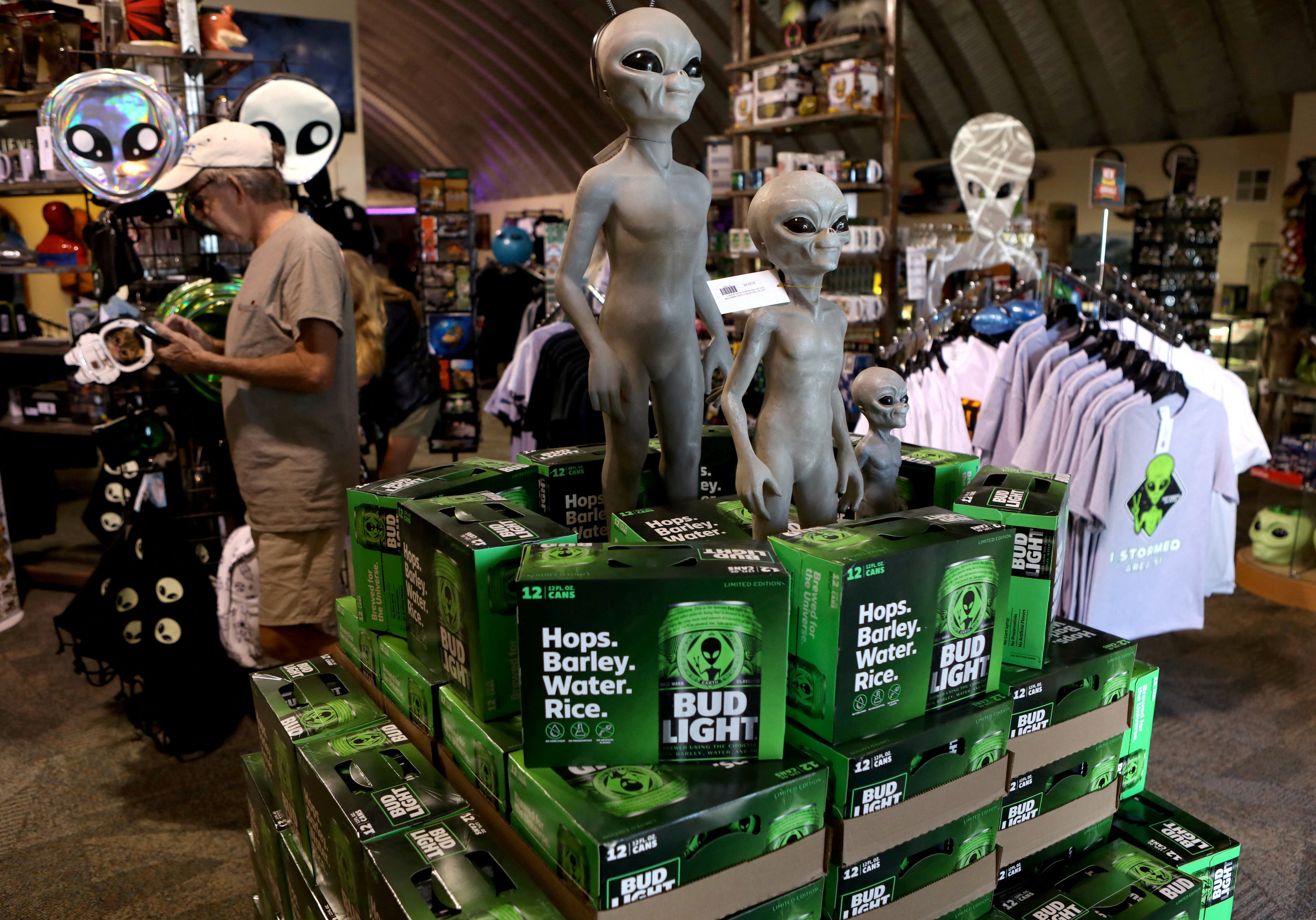 Boxes of alien-themed beer displayed at the Alien Research Centre in Hiko, Nevada. Photo: Reuters