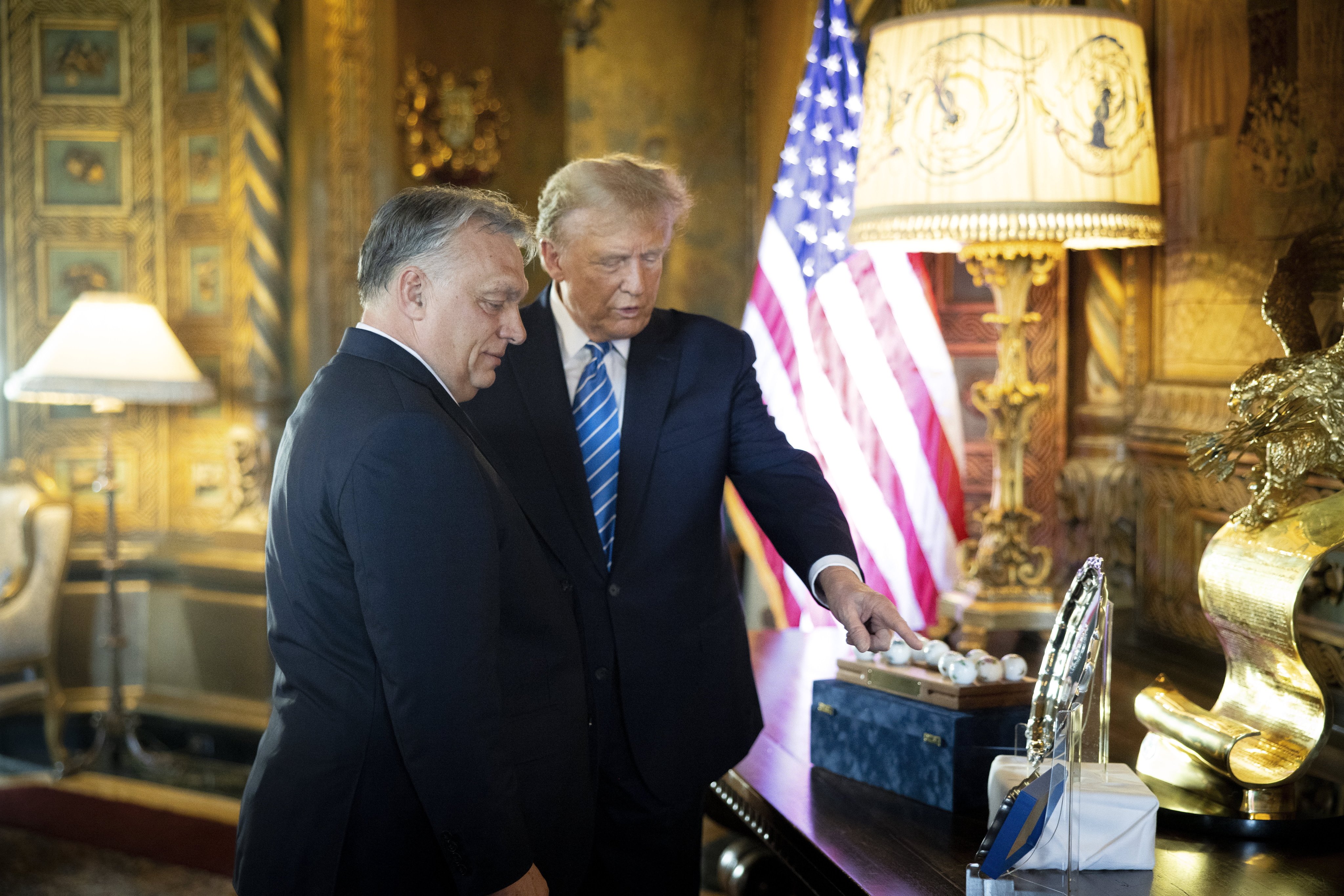 Former US president Donald Trump (right) with Hungarian Prime Minister Viktor Orban during their meeting at at Mar-a-Lago in Florida on March 8. Photo: EPA-EFE
