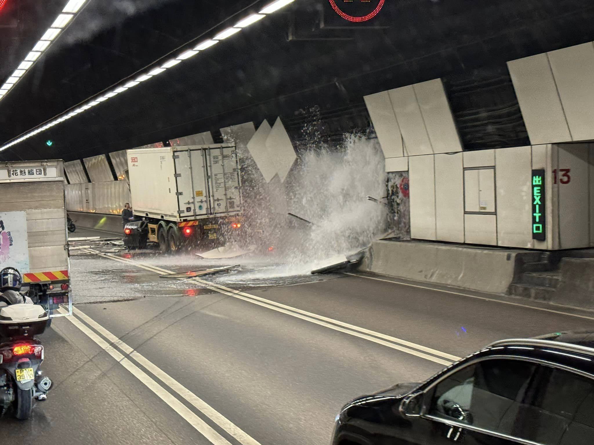 A medium goods vehicle crashed and ruptured a section of the tunnel’s inner pipes. Photo: Facebook/Kit Jai