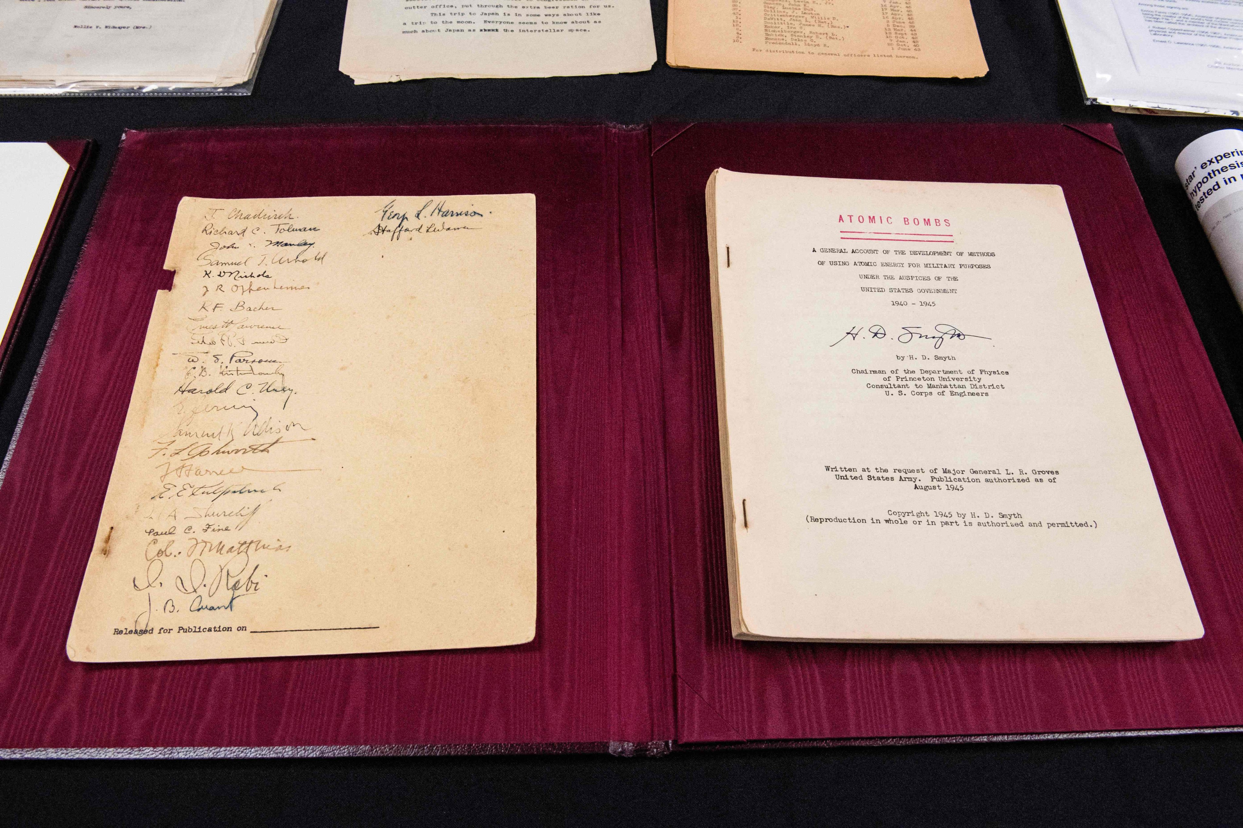 Items related to the US atomic bomb programme, some signed by J. Robert Oppenheimer and others, are displayed at the RR Auction House in Boston. Photo: AFP 