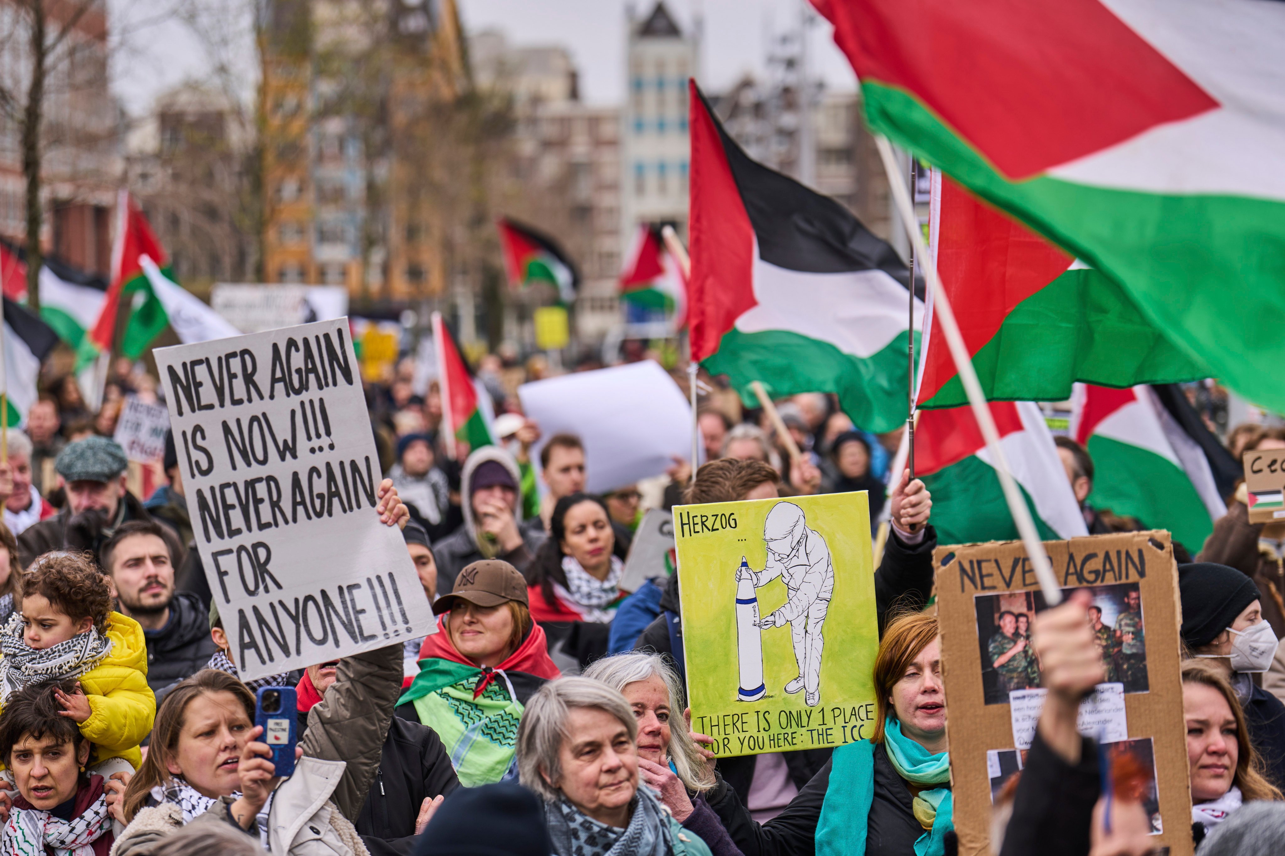Demonstrators protest against Israel’s President Isaac Herzog attending the opening of the National Holocaust Museum in Amsterdam on Sunday. Photo: AP
