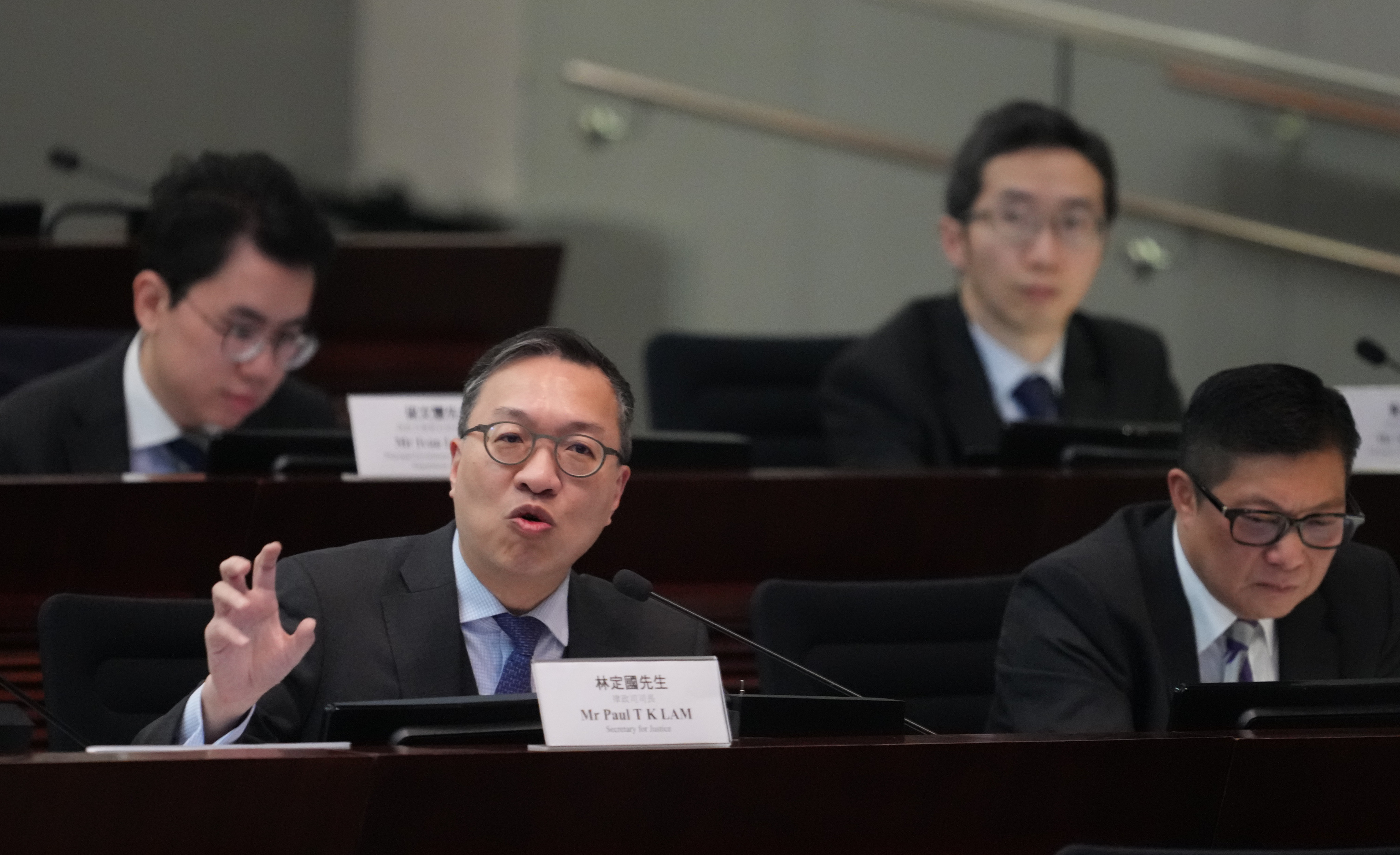 Secretary for Justice Paul Lam (front, left)  discusses the city’s home-grown national security law. Photo: Sam Tsang