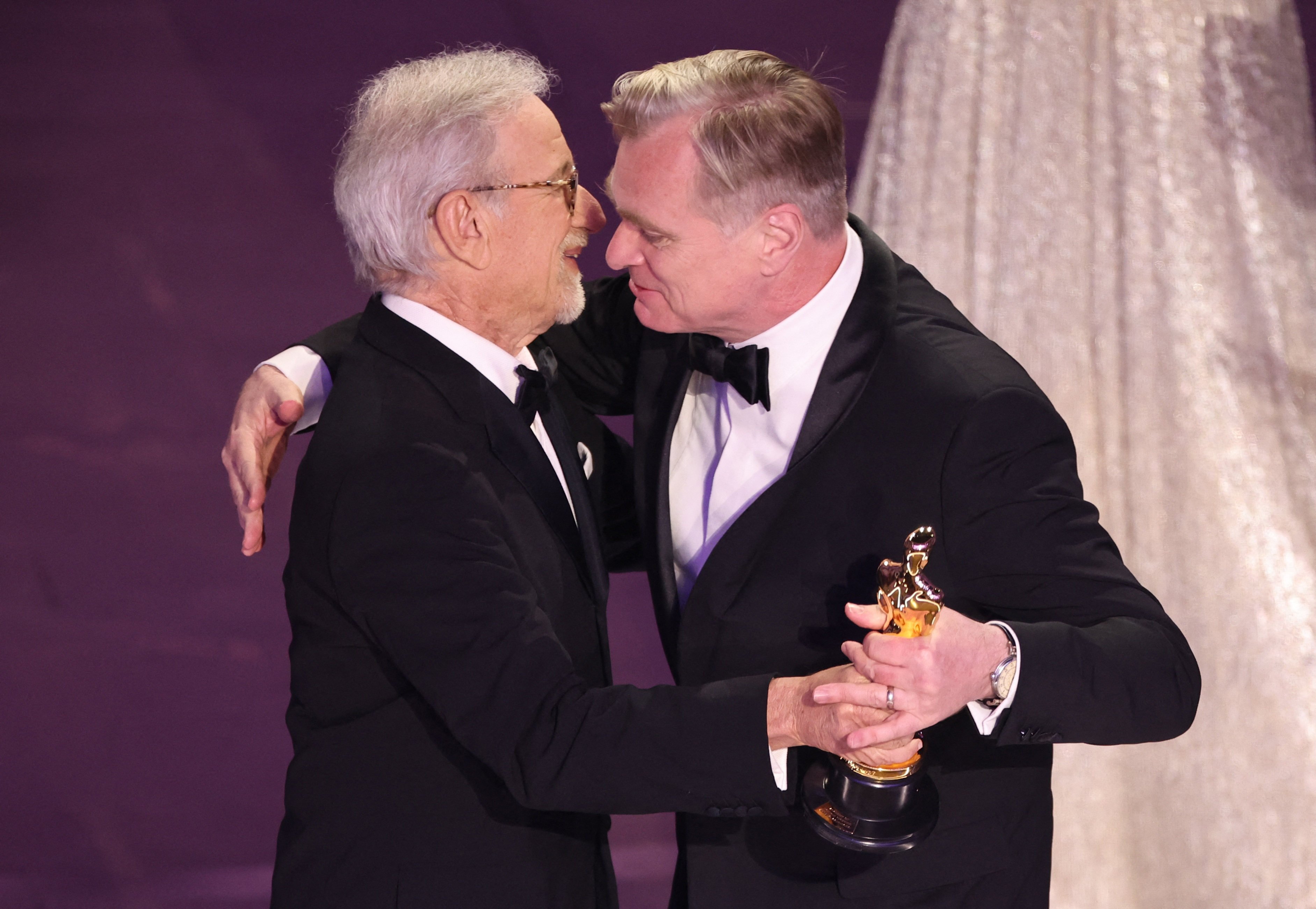 Christopher Nolan accepts the Oscar for best director for Oppenheimer from presenter Steven Spielberg during the 96th Academy Awards ceremony in Hollywood. The film went on to win best director, and earned five other Oscars. Photo: Reuters