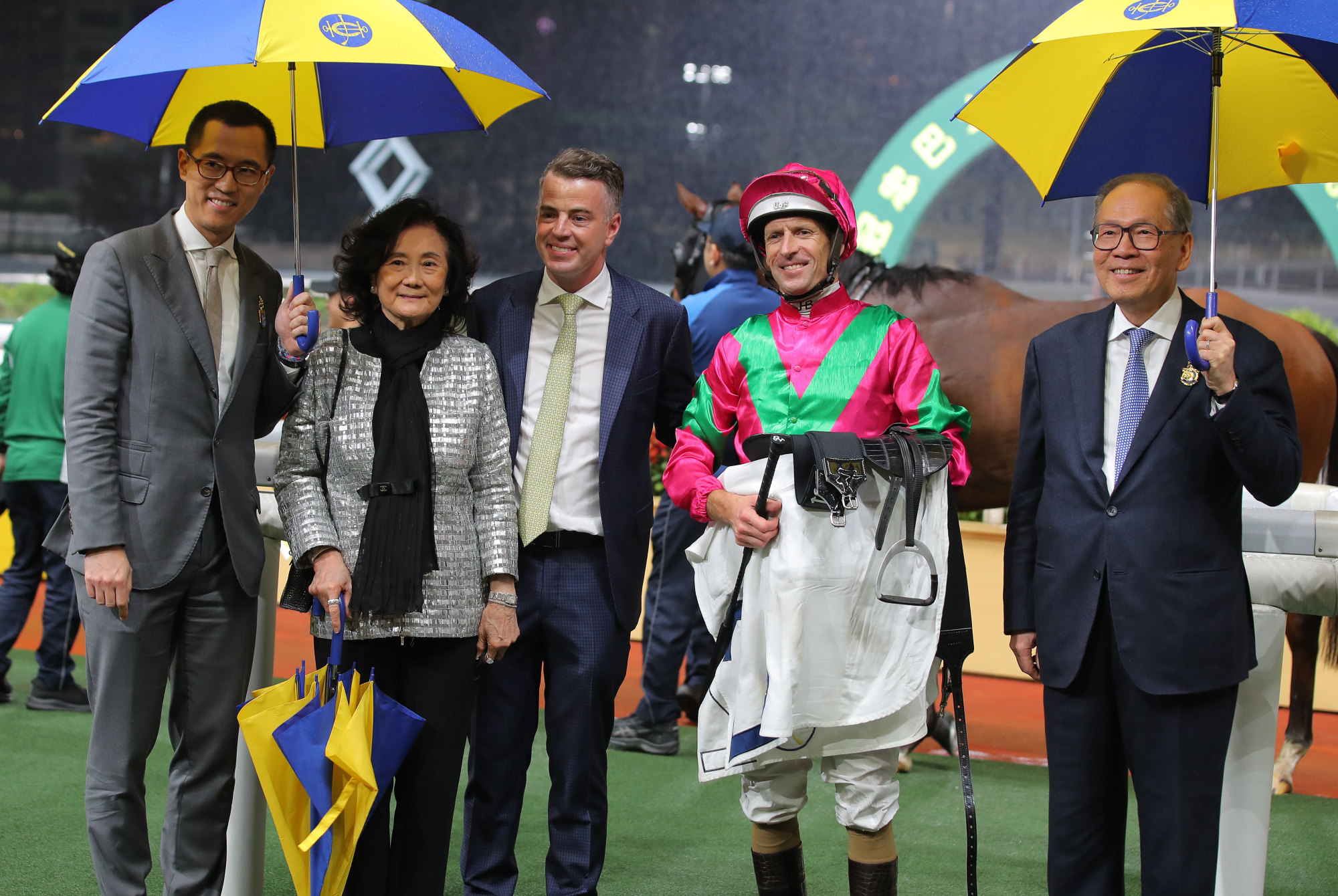 Trainer Jamie Richards, jockey Hugh Bowman and connections of Celestial Colours after his recent Happy Valley win.