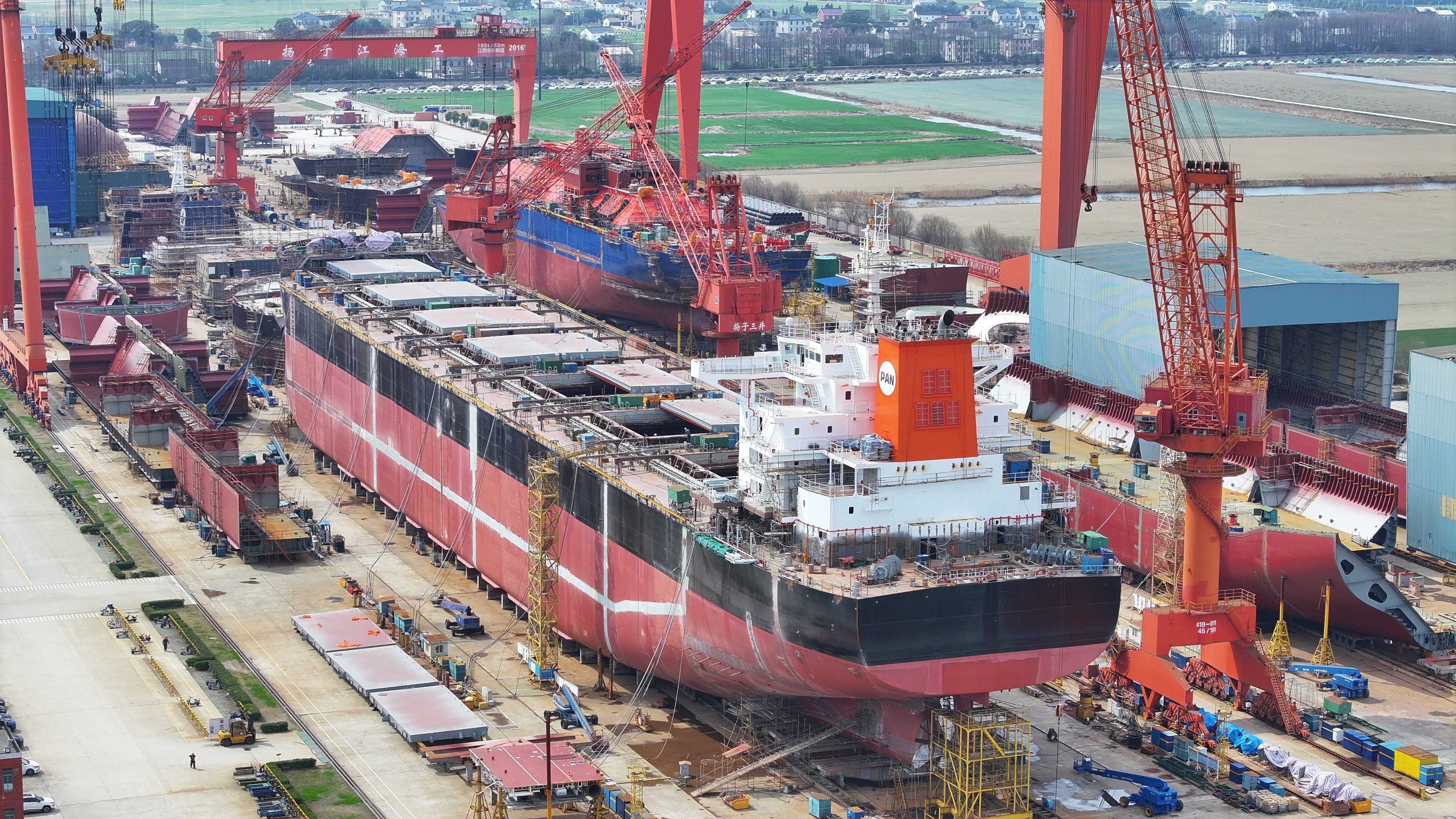 Several shipping vessels are seen under construction in China’s Jiangsu province on March 1. Photo: Getty Images