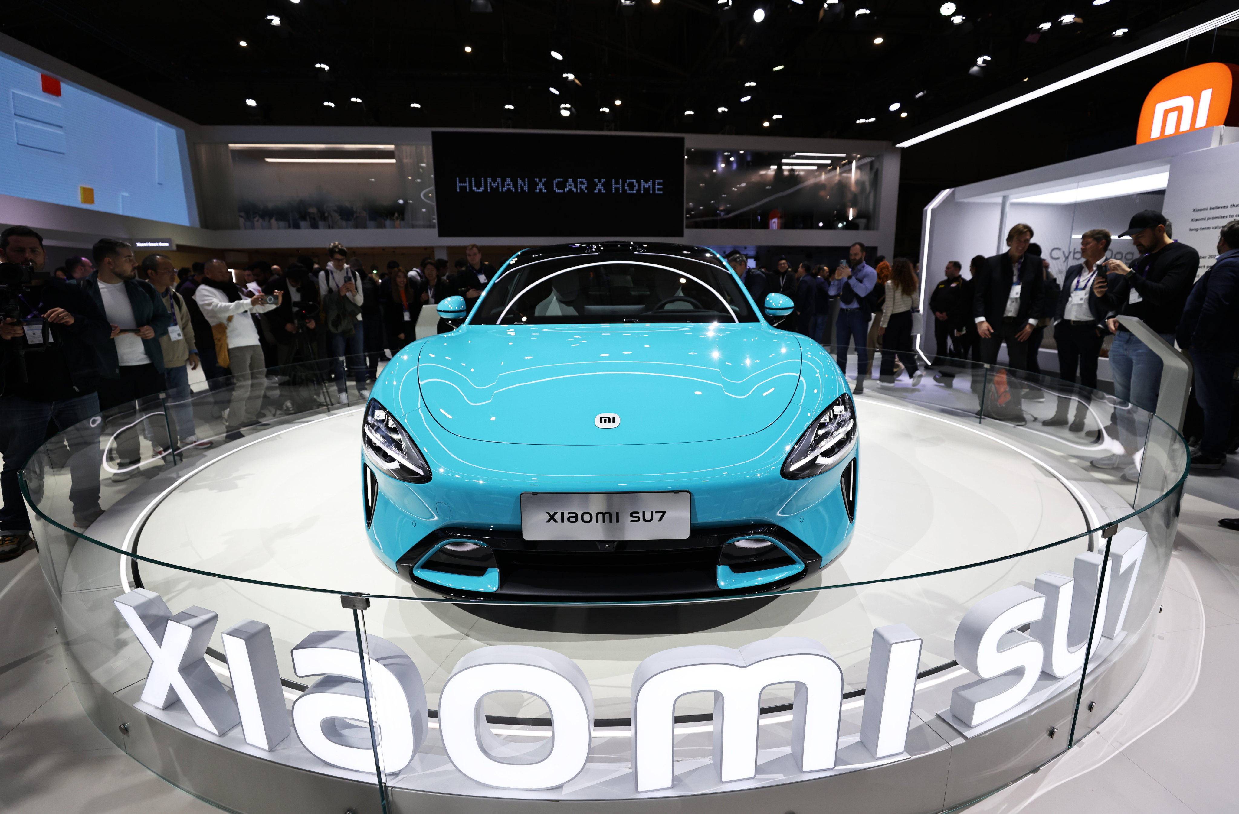 Xiaomi’s SU7 electric car is displayed at the Mobile World Congress in Barcelona, Spain, last month. Photo: Xinhua