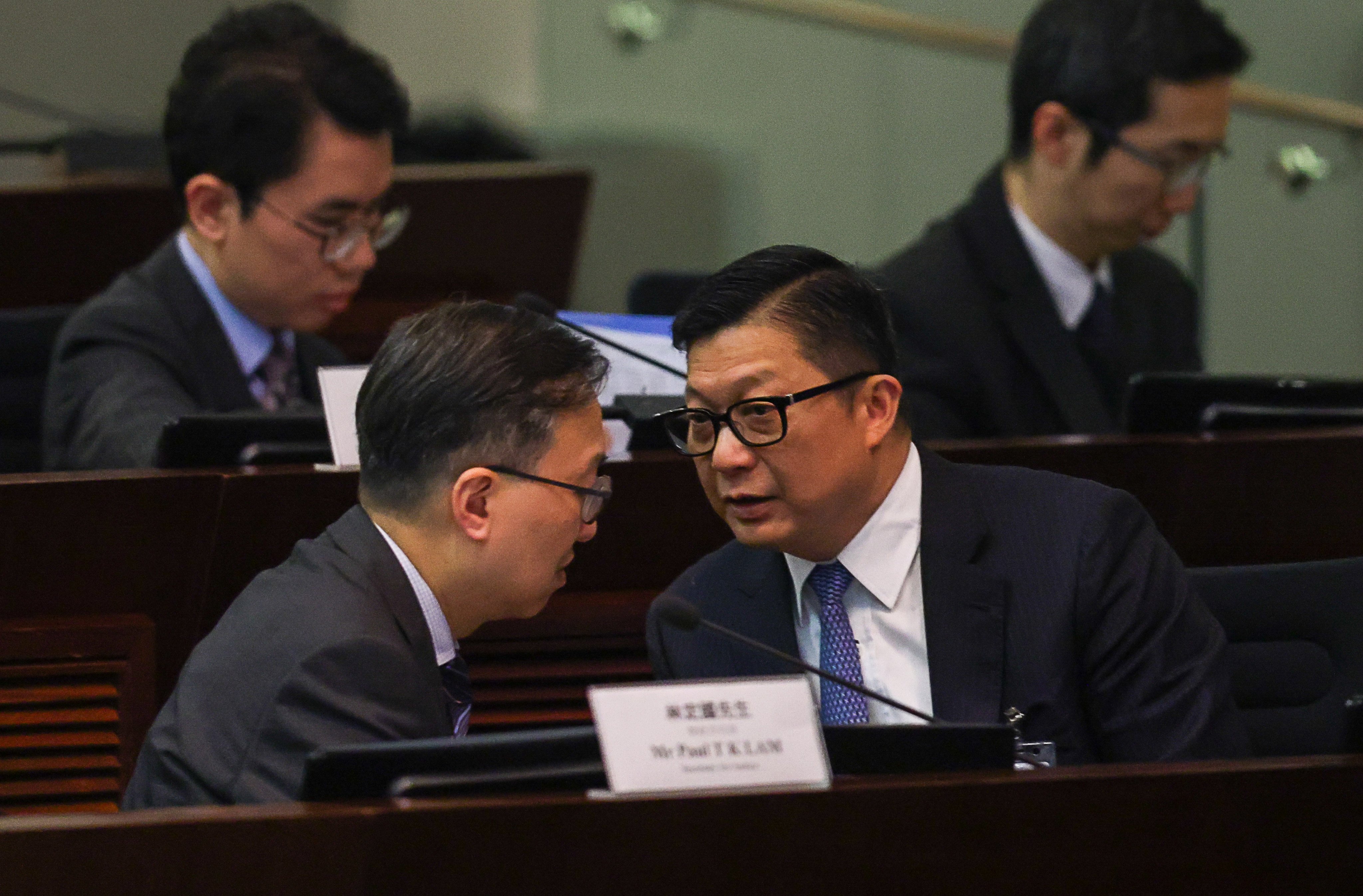 Justice minister Paul Lam (left) and security chief Chris Tang attend a bills committee meeting. Lawmakers are scrutinising the proposed domestic national security legislation. Photo: Yik Yeung-man