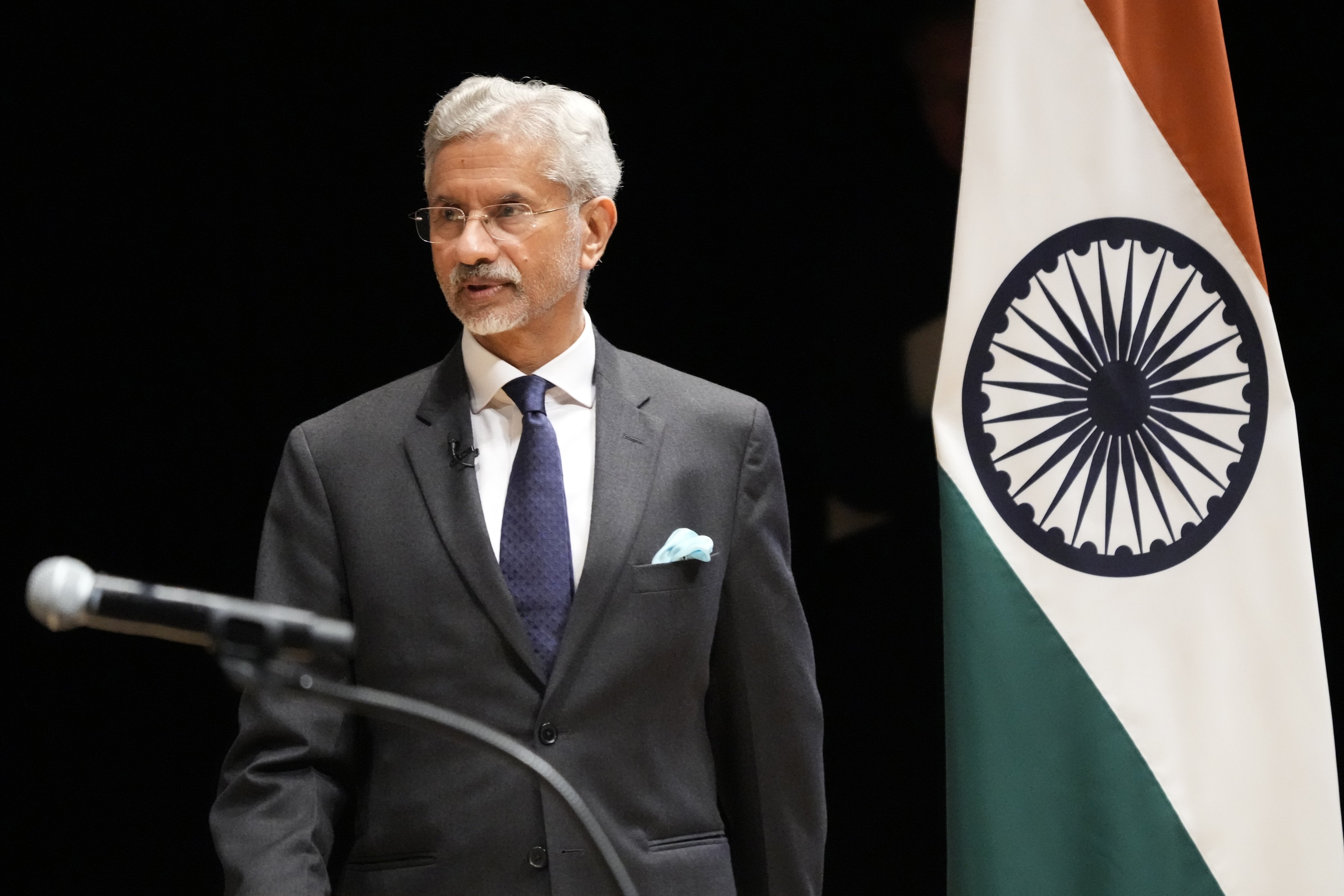 Indian Foreign Minister Subramanyam Jaishankar prepares to deliver a speech at commemorative lecture of “Nikkei Forum” Friday, March 8, 2024, in Tokyo. (AP Photo/Eugene Hoshiko)