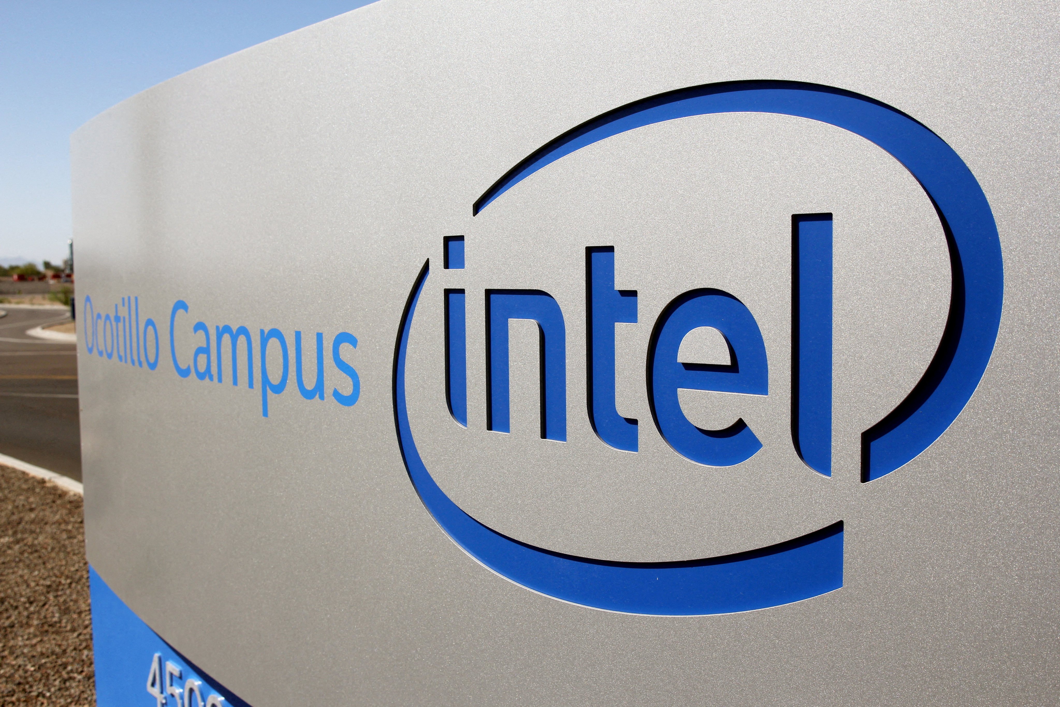 The Intel logo is seen on a sign outside the Fab 42 microprocessor manufacturing site in Chandler, Arizona, in October 2020. Photo: Reuters