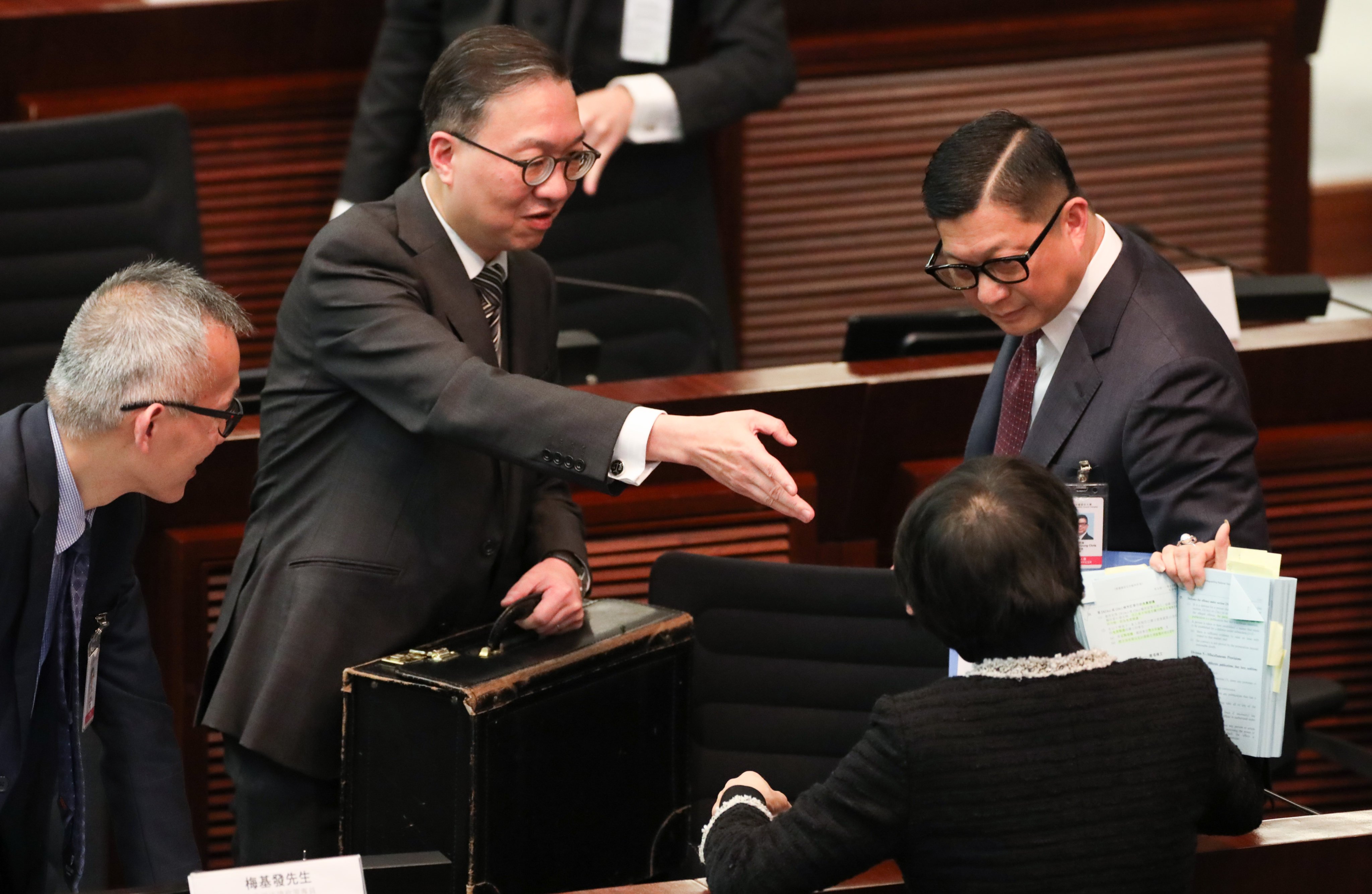 Secretary for Justice Paul Lam (second left)  and security chief Chris Tang Ping-keung (right) attend the bills committee meeting on Wednesday. Photo: Sun Yeung