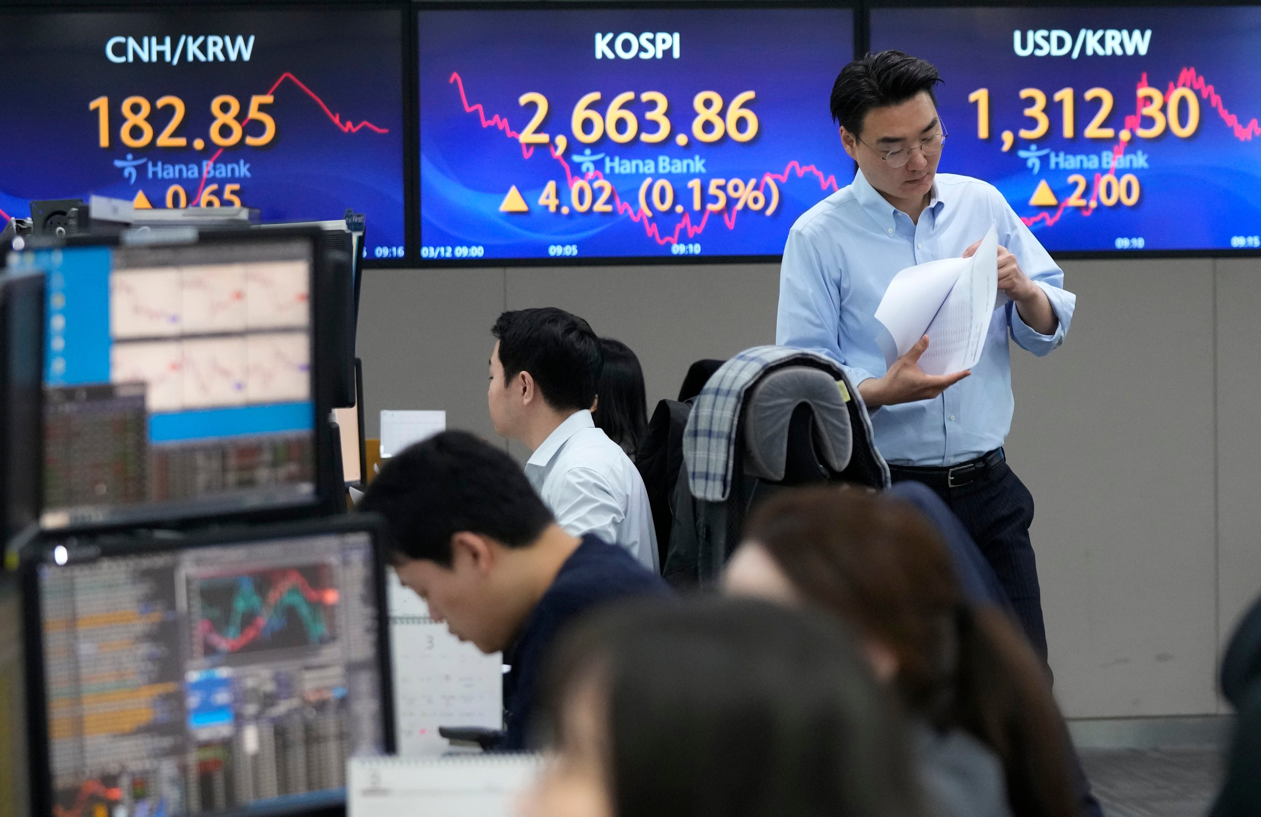 Traders at KEB Hana Bank headquarters in Seoul, South Korea, on March 12, 2024. AP Photo.