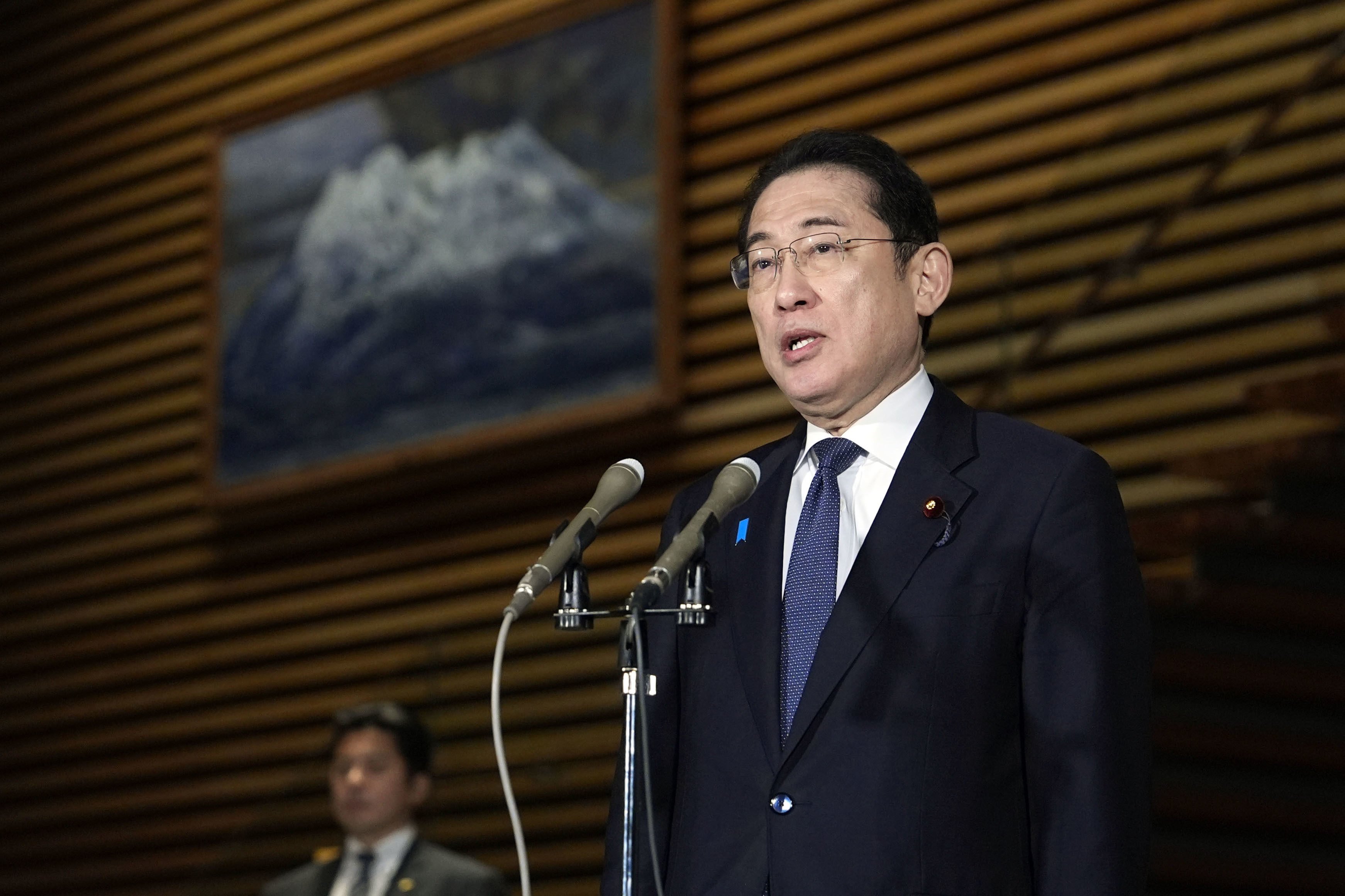 Japanese Prime Minister Fumio Kishida speaks to reporters at the premier’s office in Tokyo. The destination of fighter jet exports will be limited to countries that have signed a deal with Japan on defence equipment and technology transfers, Kishida said. Photo: Kyodo
