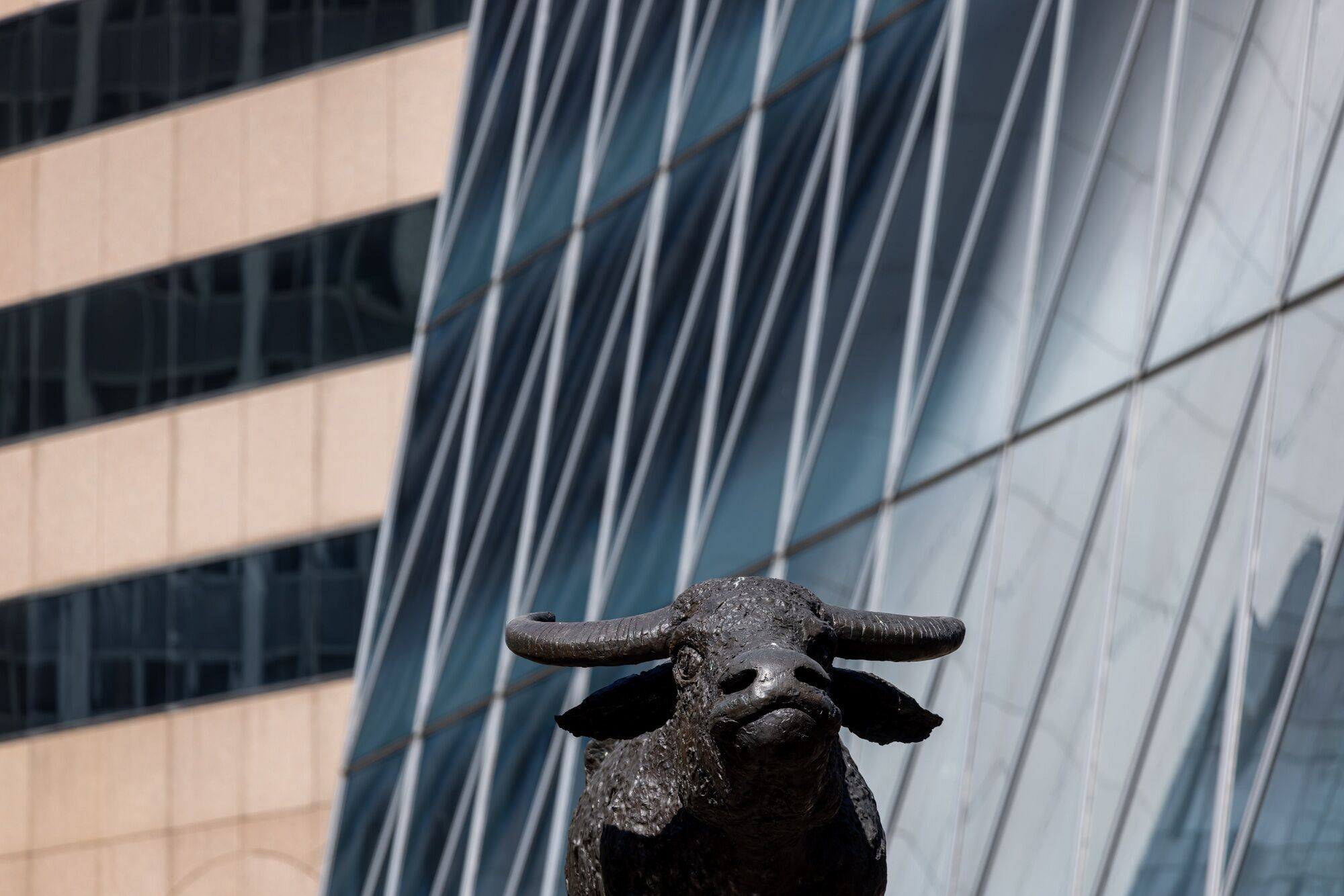 A sculpture of a water buffalo outside the Exchange Square complex, which houses the Hong Kong Stock Exchange. Photo: Bloomberg