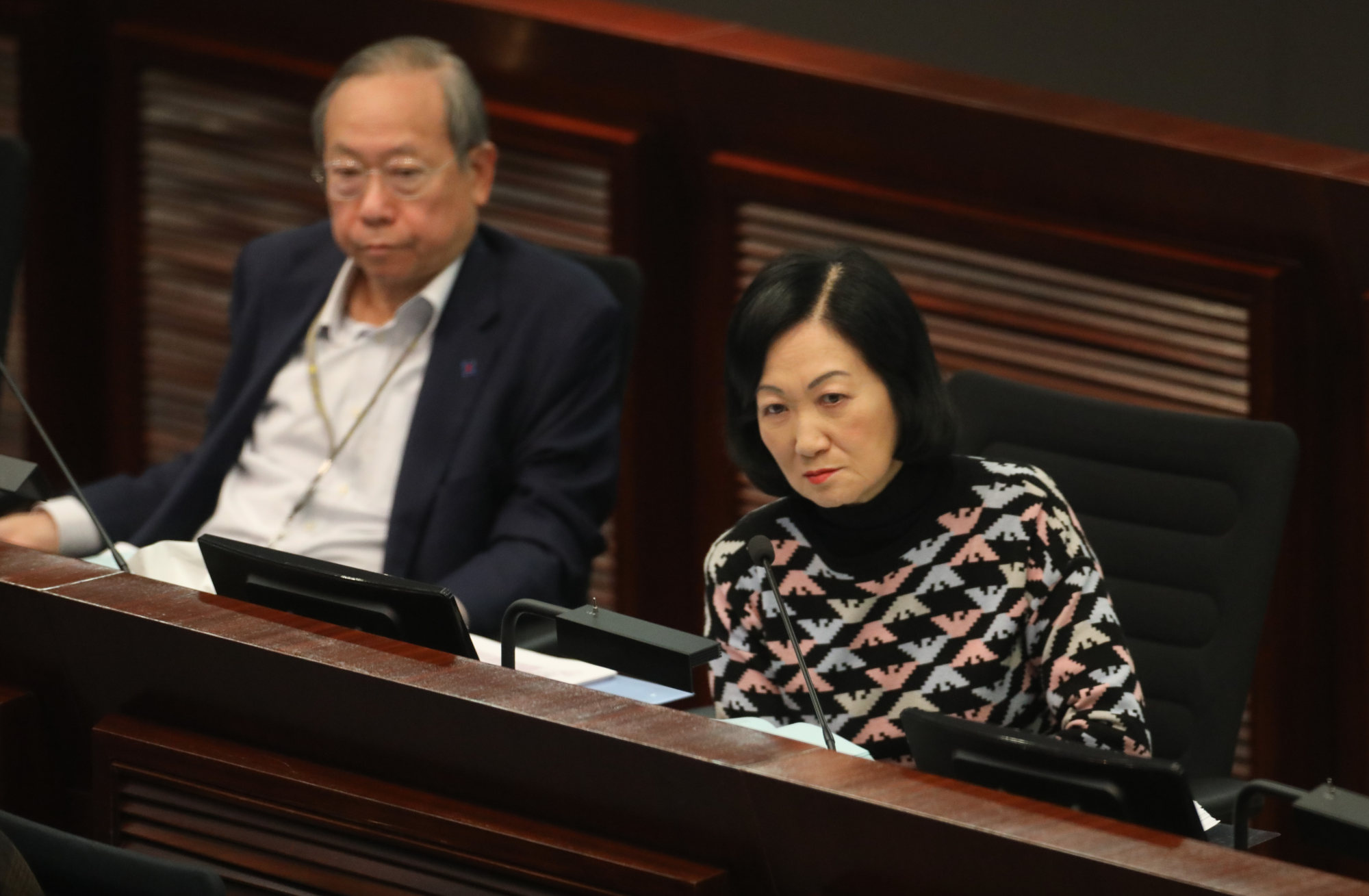 Regina Ip (right, seen attending an Article 23 bill meeting on Tuesday) had criticised the bill for having “broad” definitions of external forces. Photo: Sun Yeung