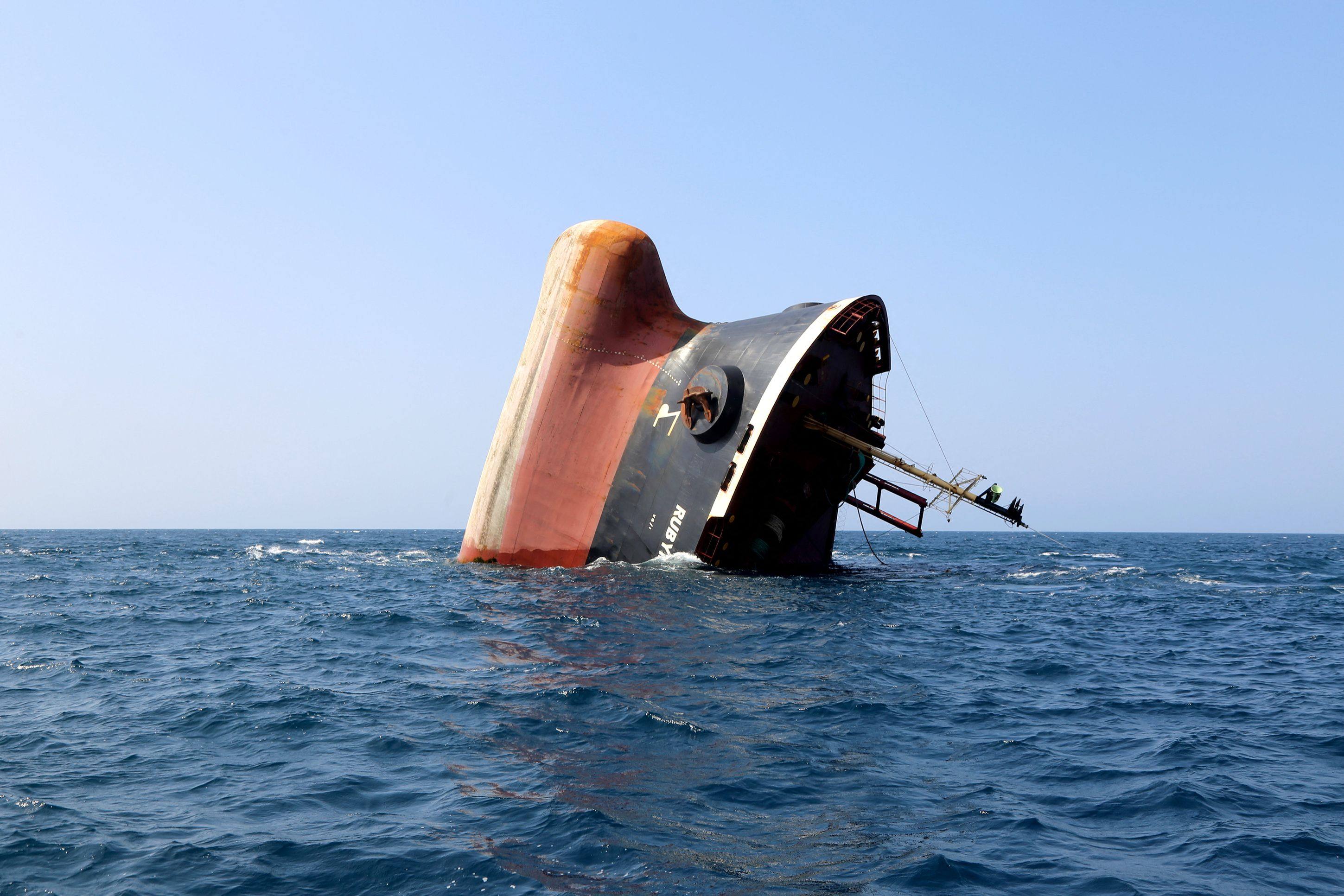 The Rubymar sinking in the Red Sea after it was attacked last month. Photo: AFP
