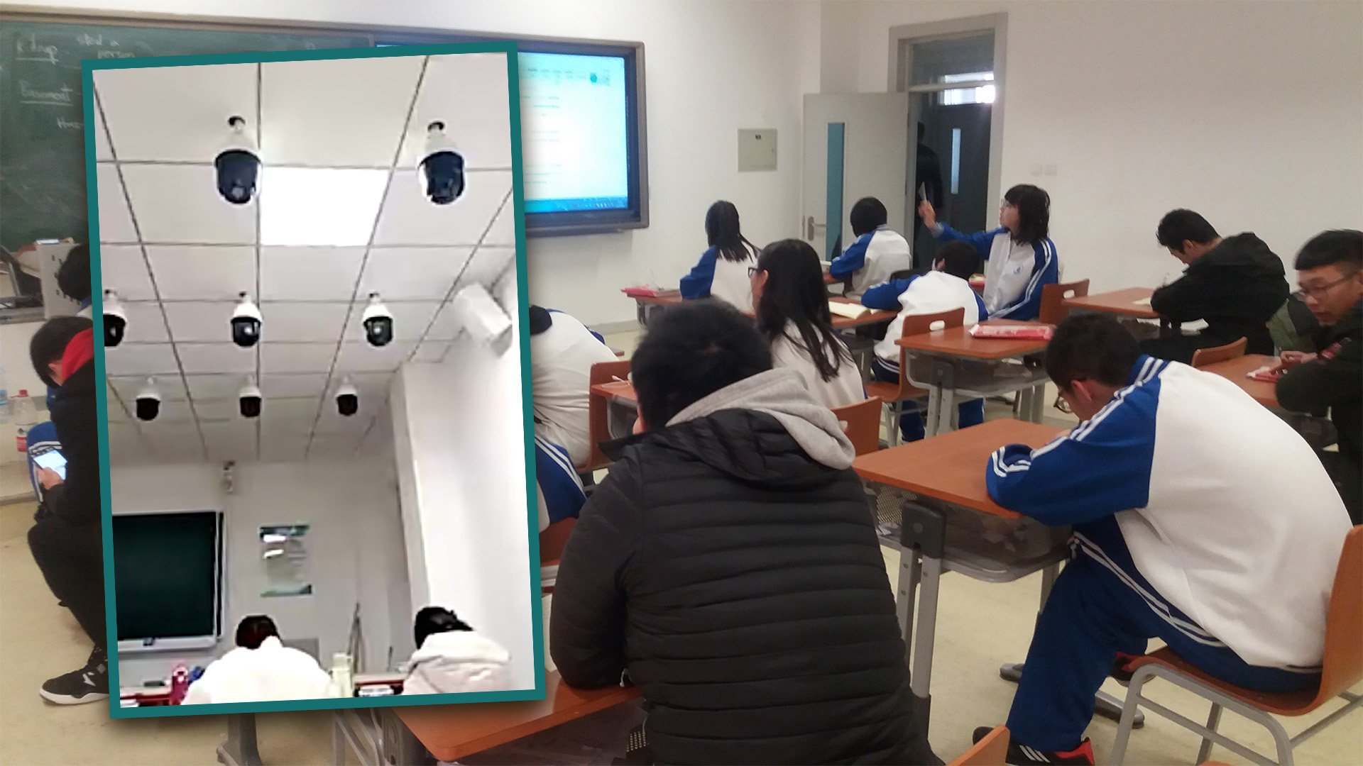 A university in China that has installed a large number of surveillance cameras in a lecture room as part of its digital teaching process has stirred a debate about privacy on mainland social media. Photo: SCMP composite/Shutterstock/Baidu