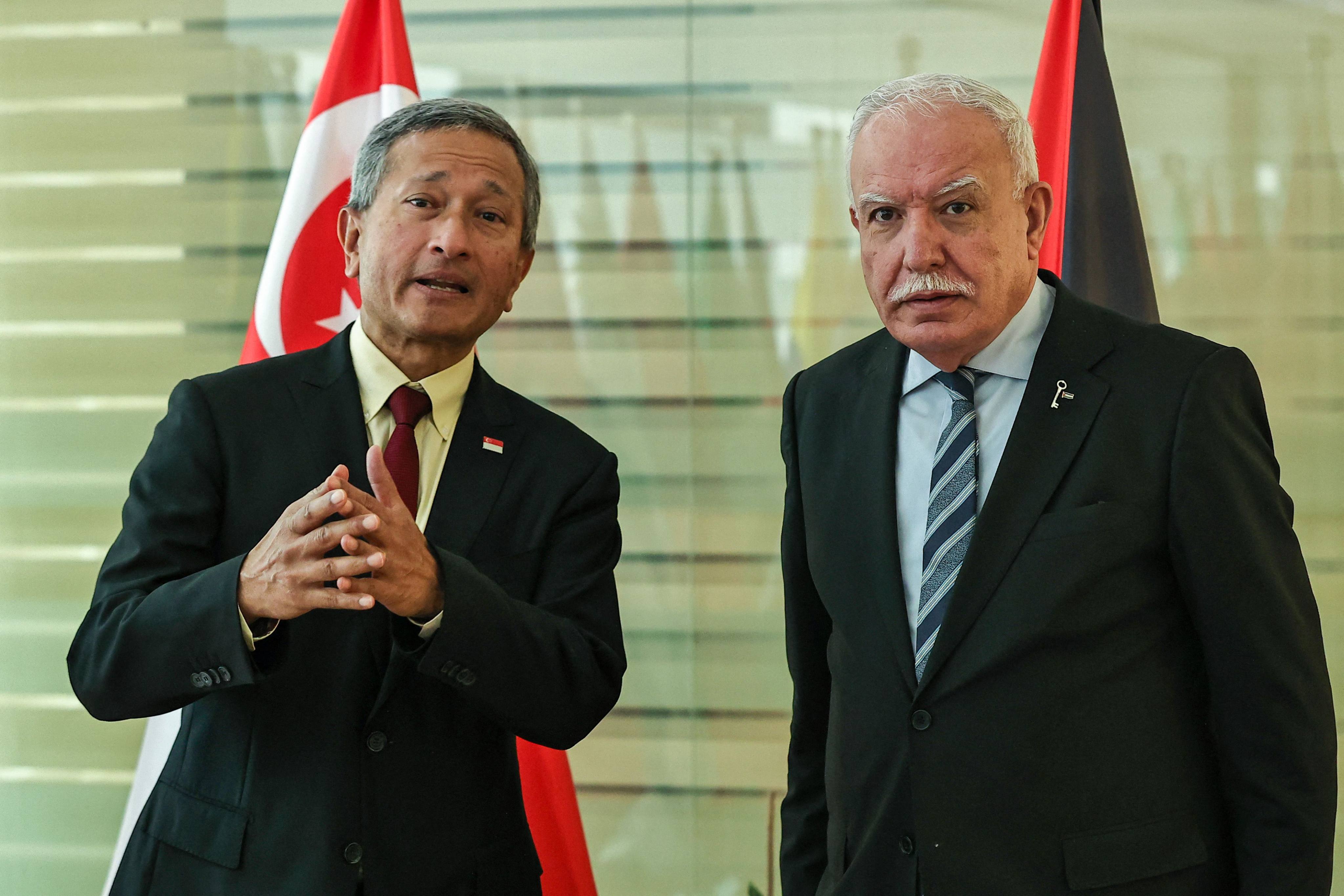Singapore Foreign Minister Vivian Balakrishnan (left) meets his Palestinian counterpart Riyad al-Maliki in Ramallah in the occupied West Bank on March 18. Photo: AFP 