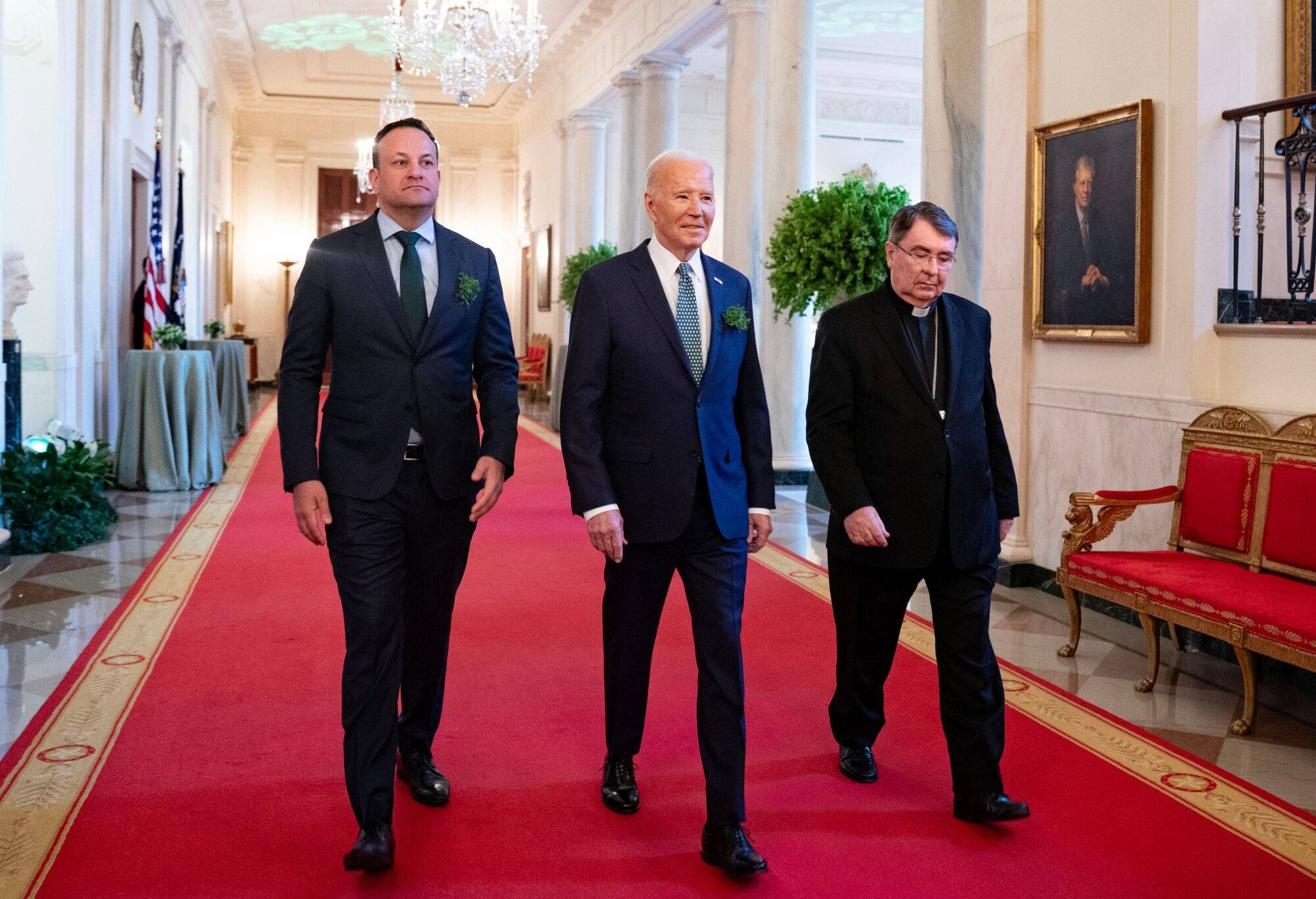 From left, Ireland’s prime minister Leo Varadkar, US President Joe Biden and Cardinal Christophe Pierre, Apostolic Nuncio to the US at the White House in Washington on Sunday. Photo: Abaca / Bloomberg