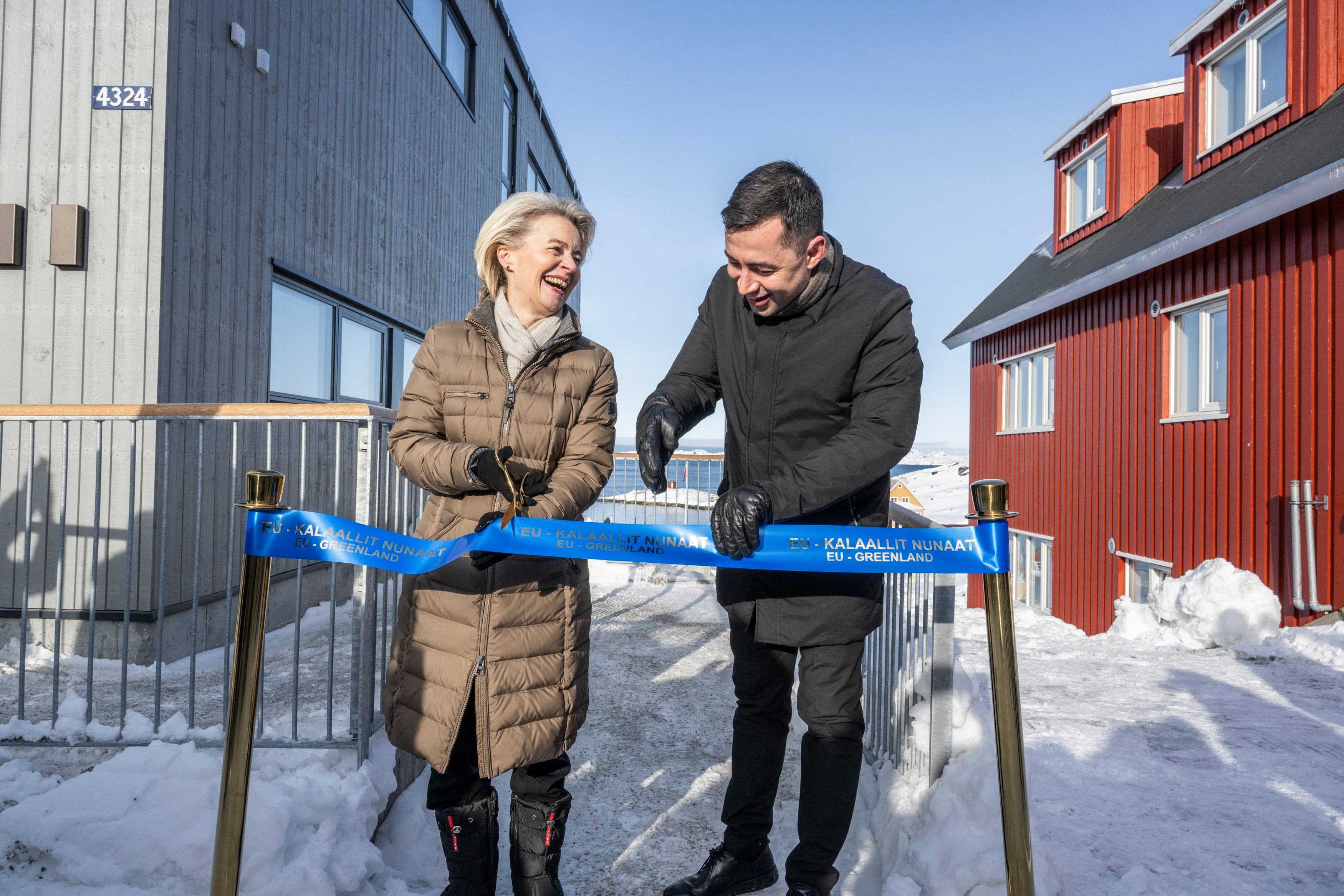 European Commission President Ursula von der Leyen and Greenland’s Prime Minister Mute Bourup Egede cut the ribbon to mark the opening of a new EU office in Nuuk on March 15. The opening of the office is part of the European Union’s Arctic strategy. Photo: EPA-EFE 