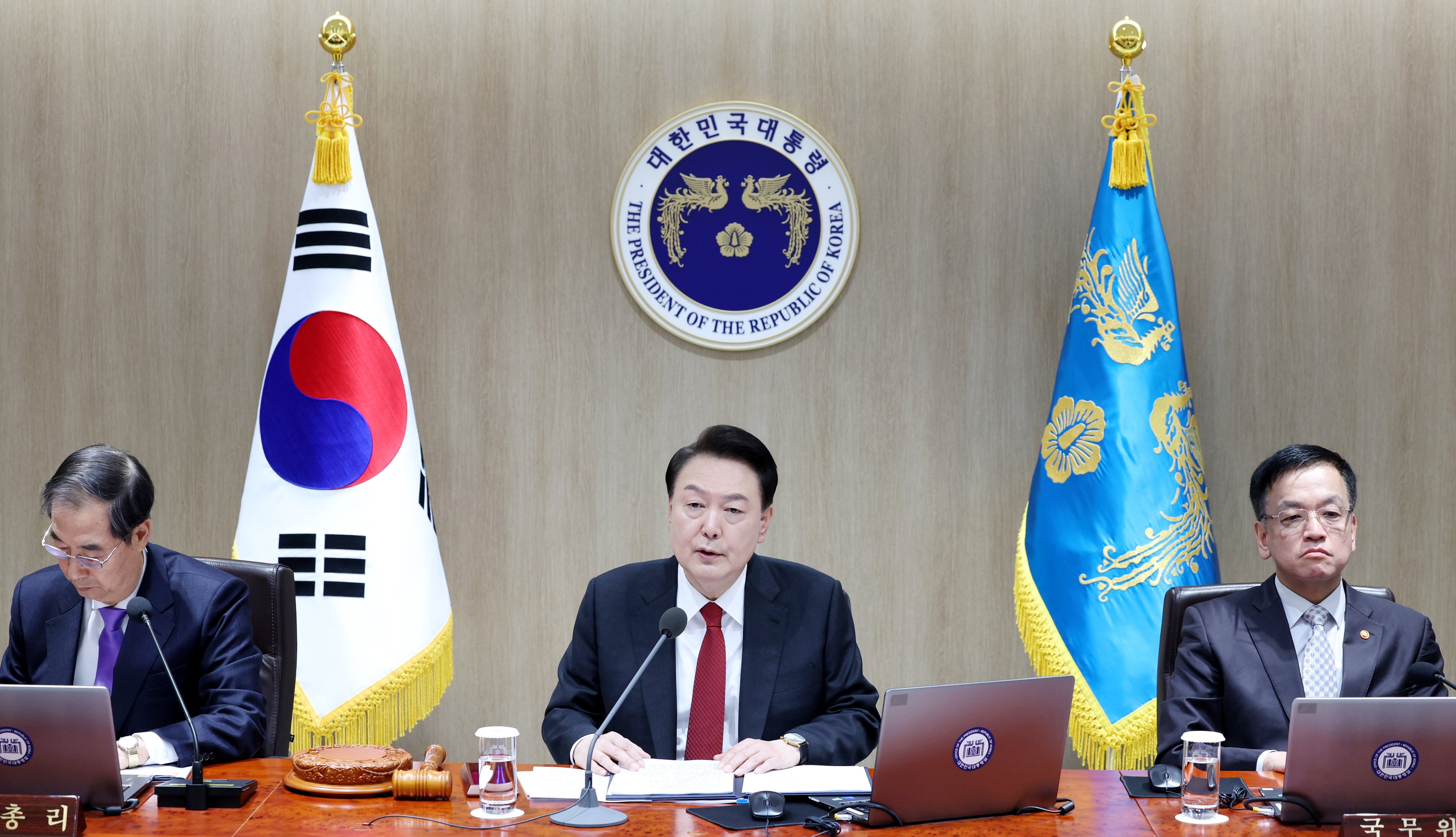 South Korean President Yoon Suk-yeol speaks during a cabinet meeting at the presidential office in Seoul on Tuesday. Photo: Yonhap/via EPA-EFE