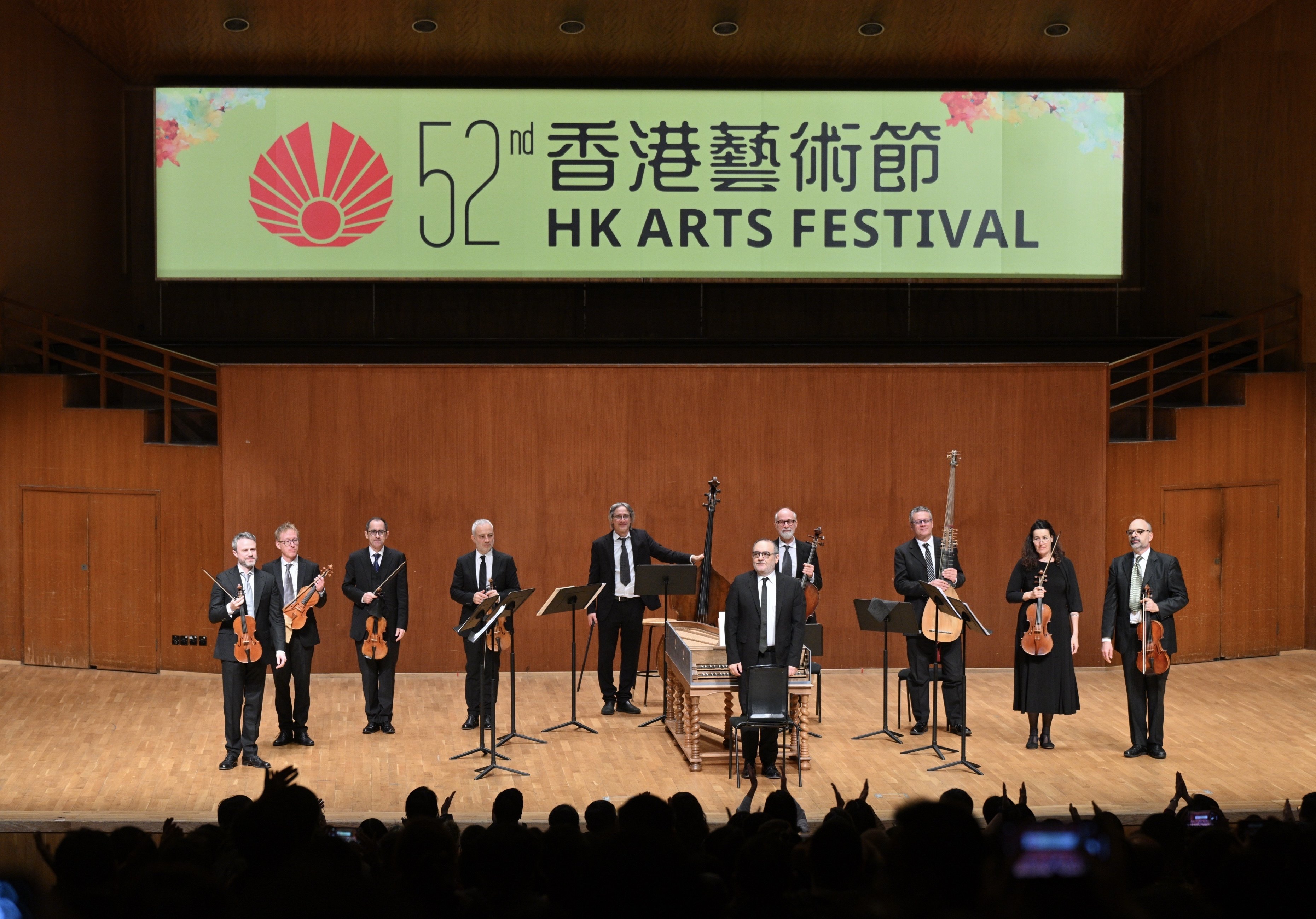The early music ensemble Concerto Italiano and founder-conductor Rinaldo Alessandrini receive the applause of the audience at the Hong Kong City Hall Concert Hall during their performance of music by Vivaldi for the 2024 Hong Kong Arts Festival. The Lucerne Festival Strings also performed there. Photo: HKAF