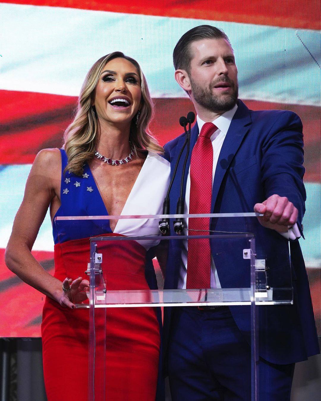 Lara and Eric Trump kitted out in patriotic red, white and blue. Photo: @laraleatrump/Instagram