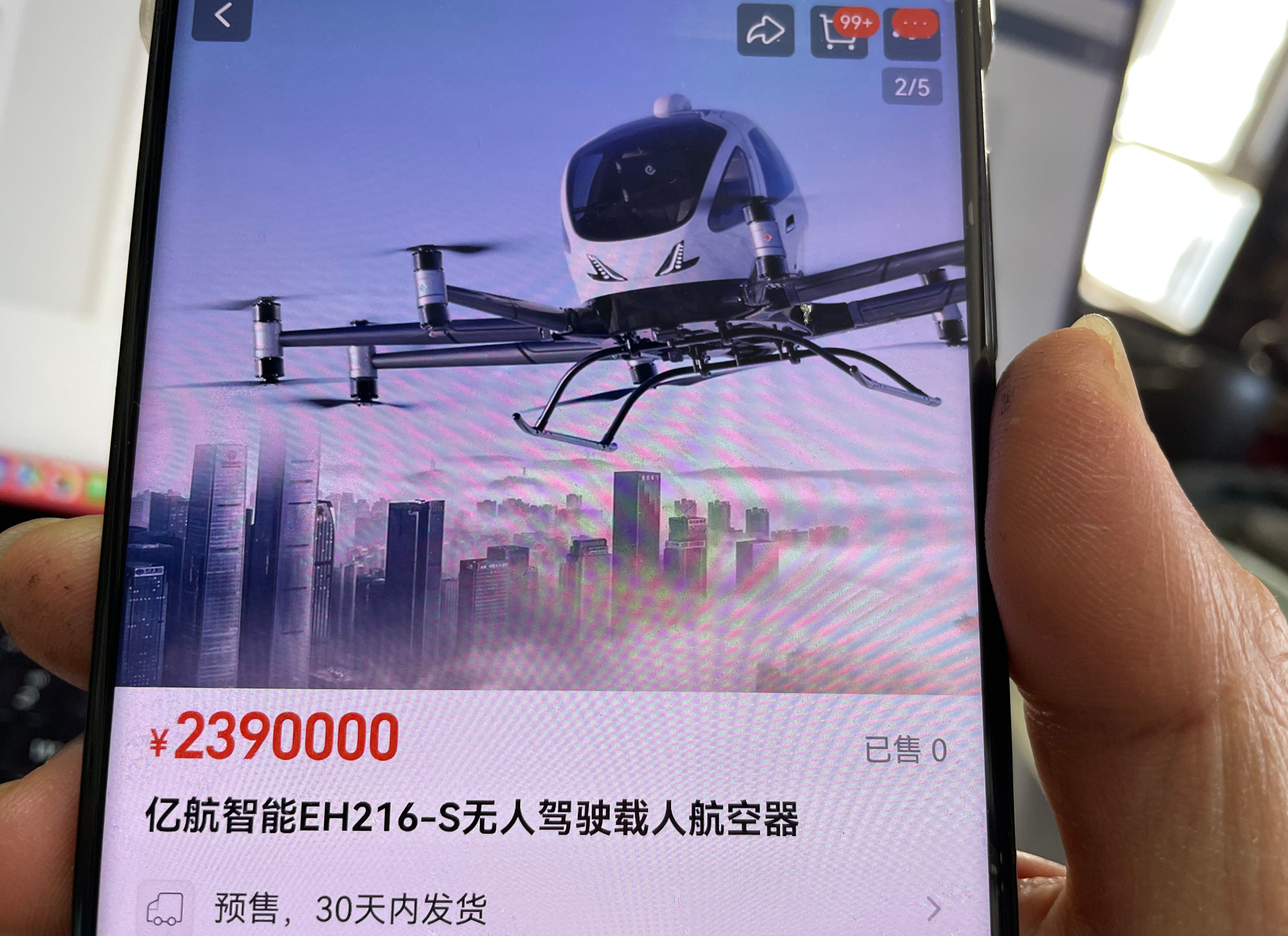 A smartphone screenshot shows EHang’s EH216-S electric vertical take-off and landing vehicle up for sale on Alibaba Group Holding’s Taobao marketplace. Photo: Simon Song