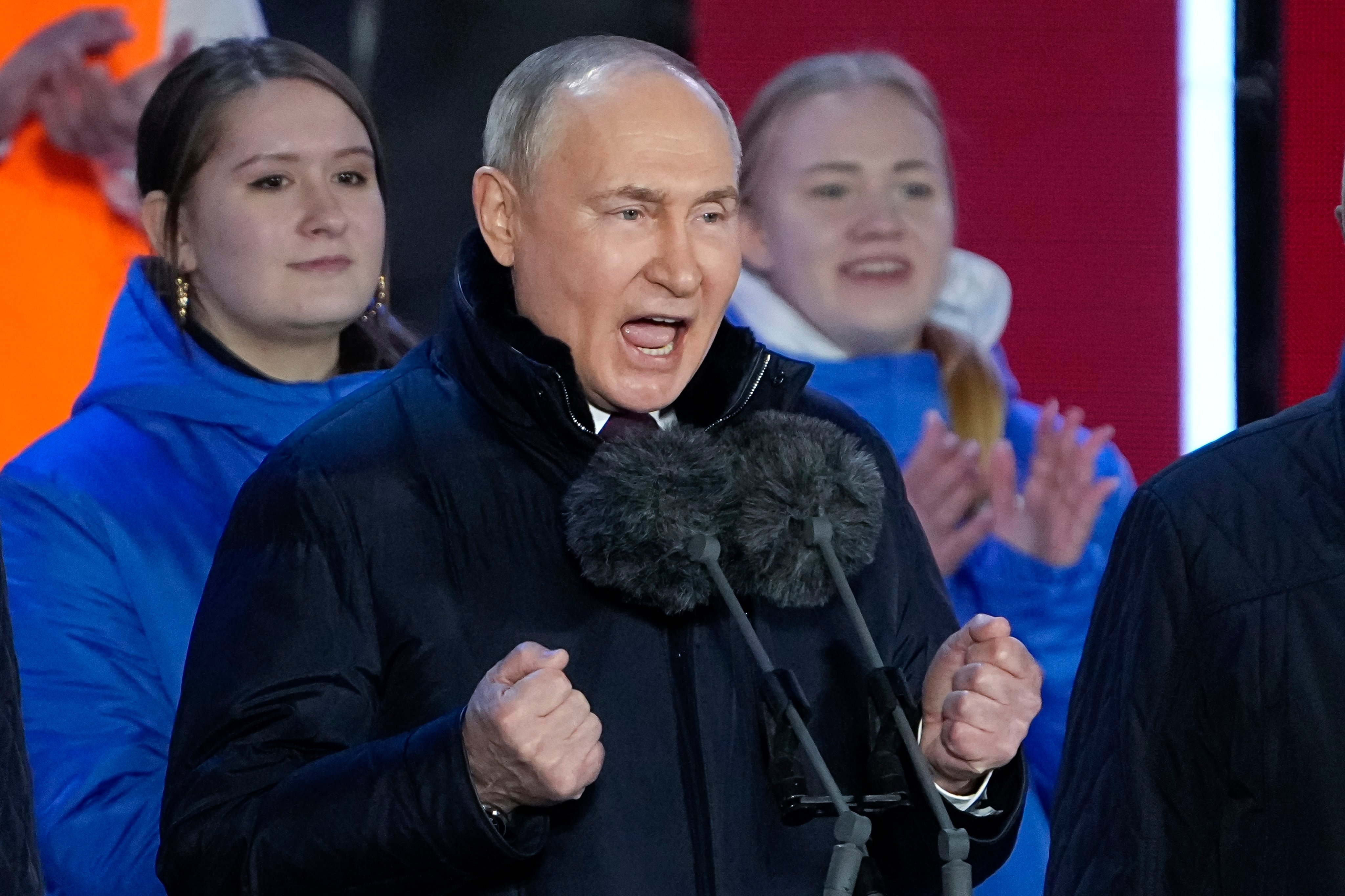 Russian President Vladimir Putin addressing a crowd in Red Square in Moscow on Monday. Photo: AP