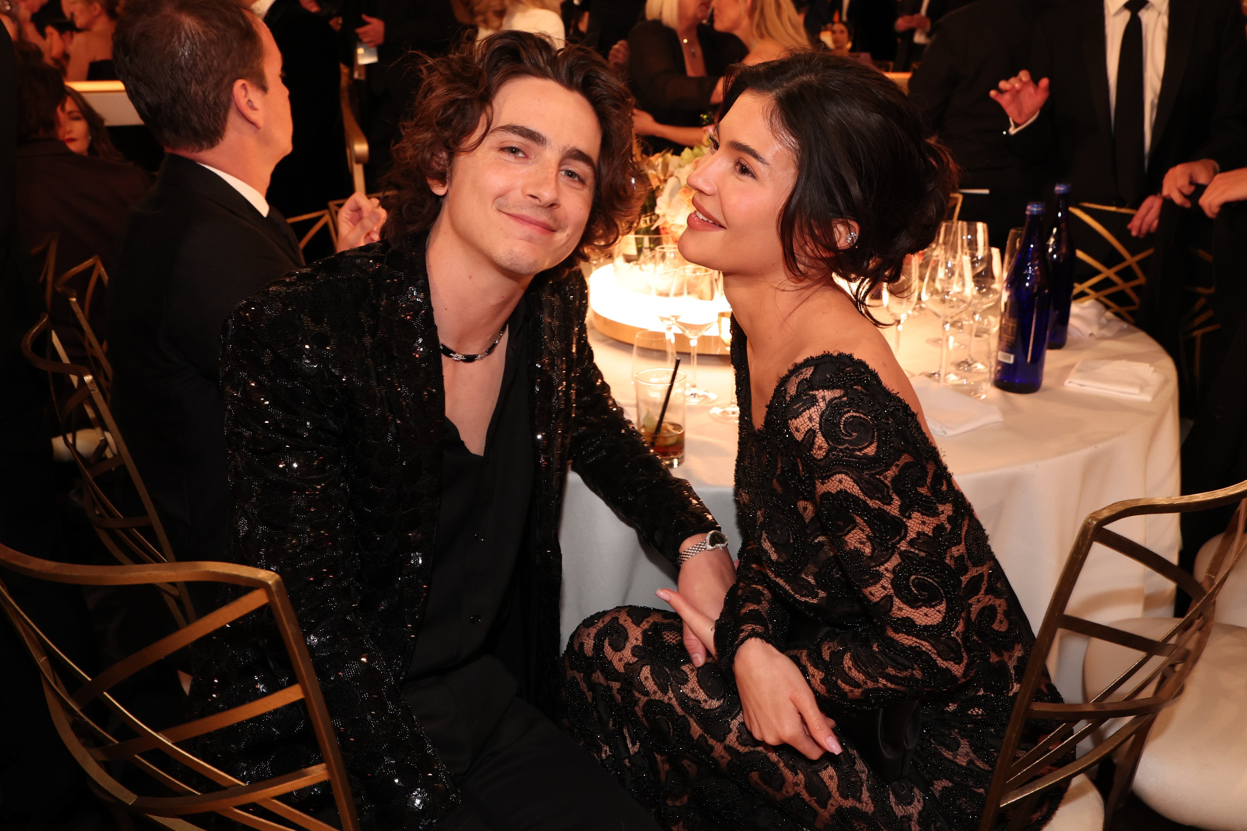 Timothée Chalamet and Kylie Jenner in archival Hanae Mori at the Golden Globes on January 7 in Beverly Hills. Photo: Getty Images