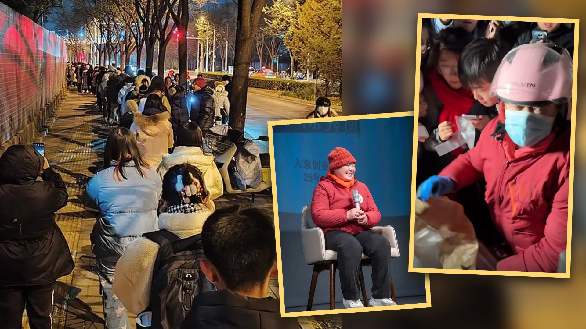 “Auntie Goose Legs” speaks at a top Chinese university to share her inspiring story after her street snacks became an internet sensation. Photo: SCMP composite/Douyin