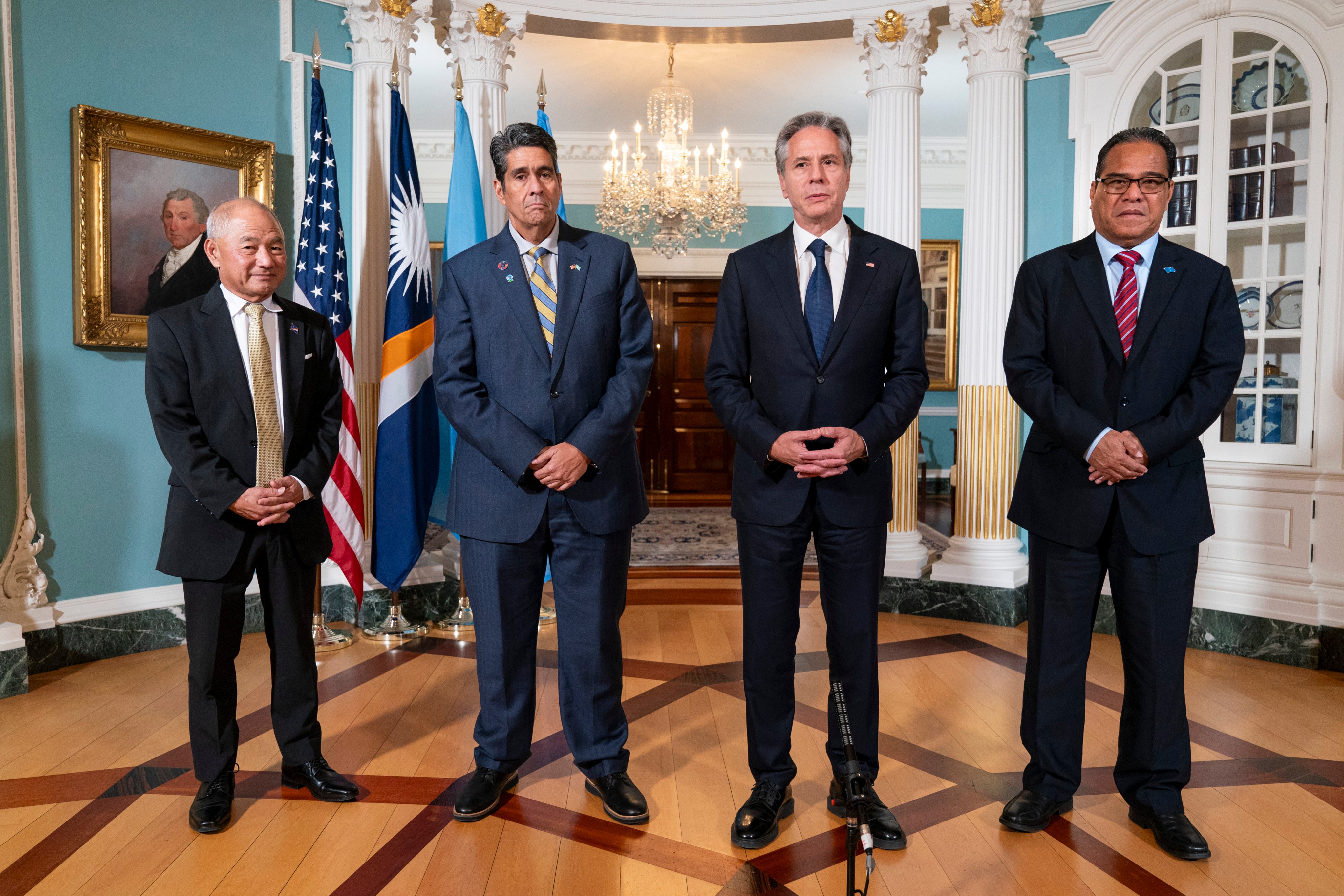 US Secretary of State Antony Blinken meets (from left) Marshall Islands Foreign Affairs and Trade Minister Jack Ading, Palau’s President Surangel Whipps Jnr and Micronesia’s President Wesley Simina (right) in September last year. Photo: AP