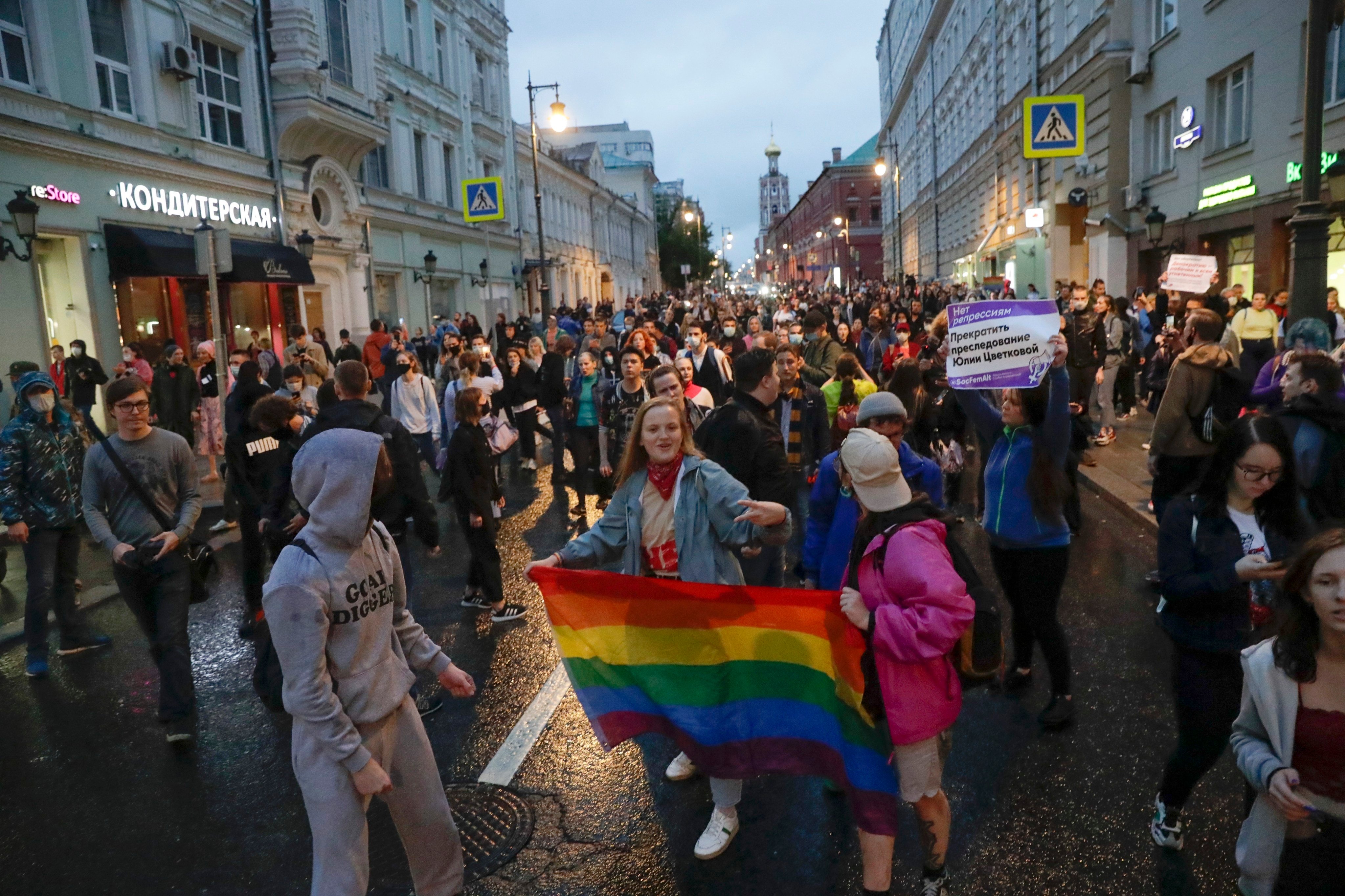 Activists hold their flag at a rally to collect signatures to cancel the results of voting on amendments to the Constitution in Pushkin Square in Moscow, in 2020. A Russian court on Wednesday ordered the arrest of a bar administrator and its art director, accusing them of organising an “extremist organisation” under new legislation criminalising the LGBTQ community. Photo: AP