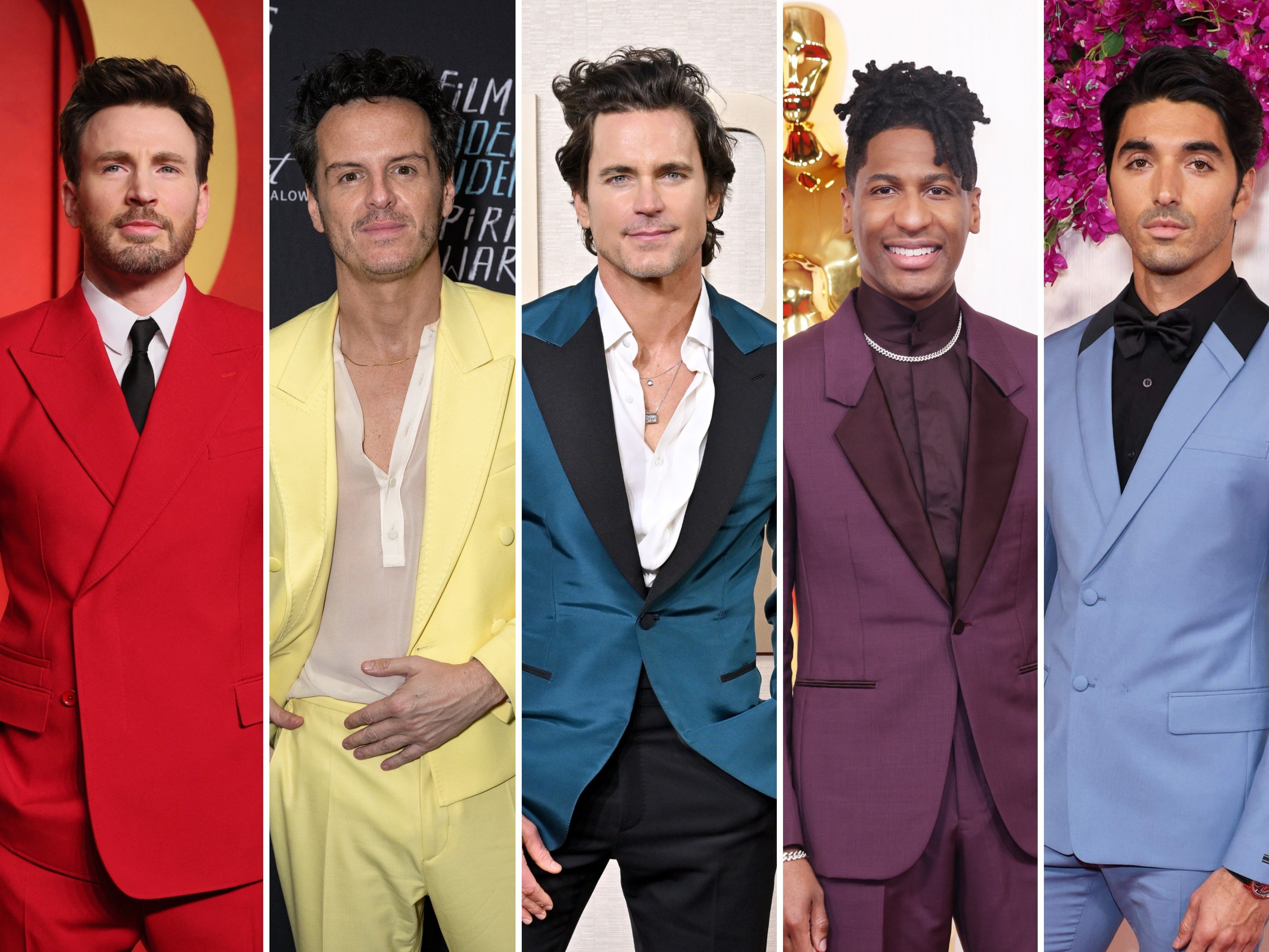 Chris Evans, Andrew Scott, Matt Bomer, Jon Batiste and Taylor Zakhar Perez brought the colour to award season with their Oscar and Golden Globe suits. But who wore it best? Photo: Getty/FilmMagic/Reuters 