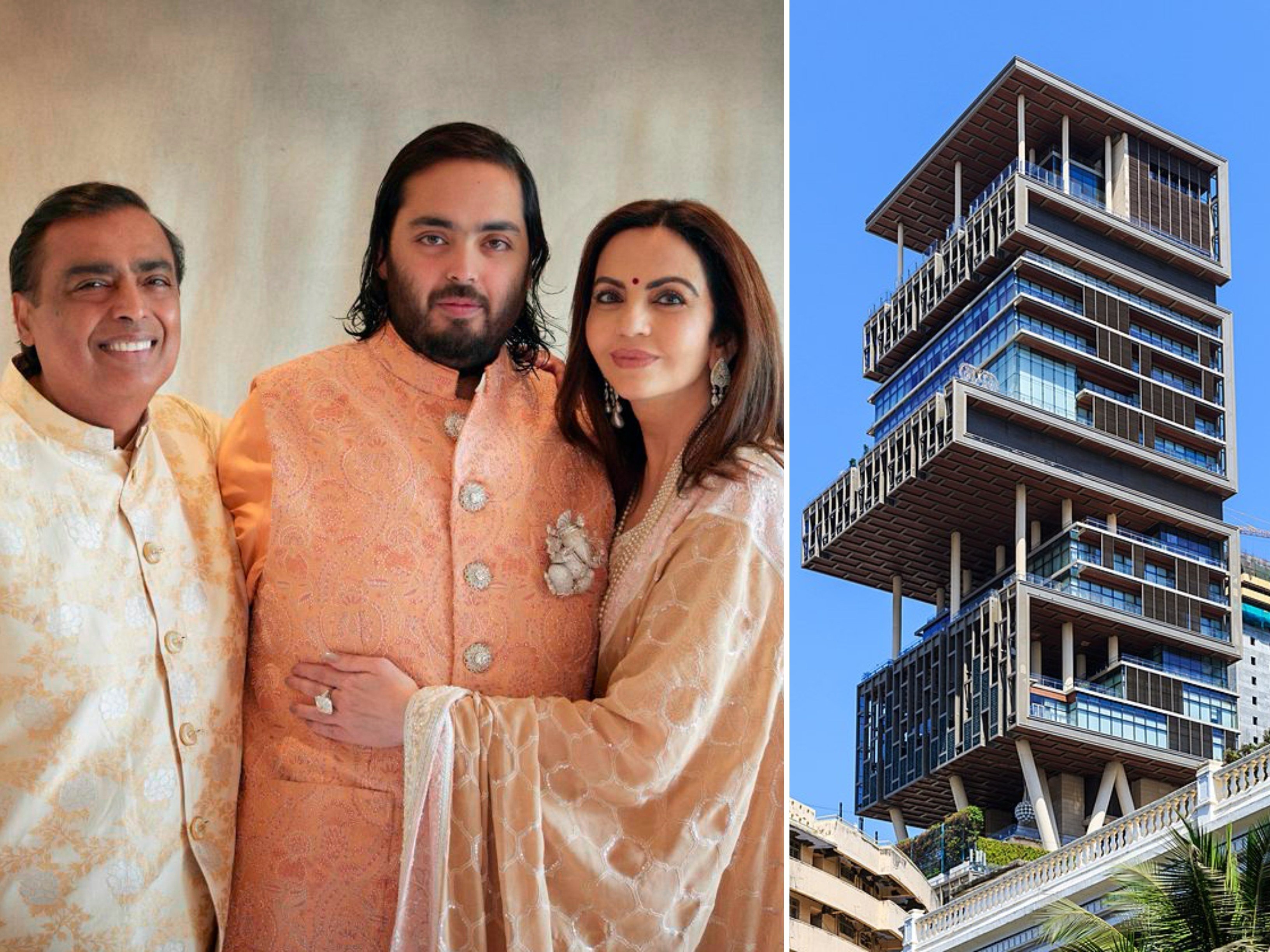 Ambani family members – Mukesh, his wife Nita and son Anant are pictured on the right – live in their Antilia mansion in Mumbai. Photo: AP, Wiki Commons
