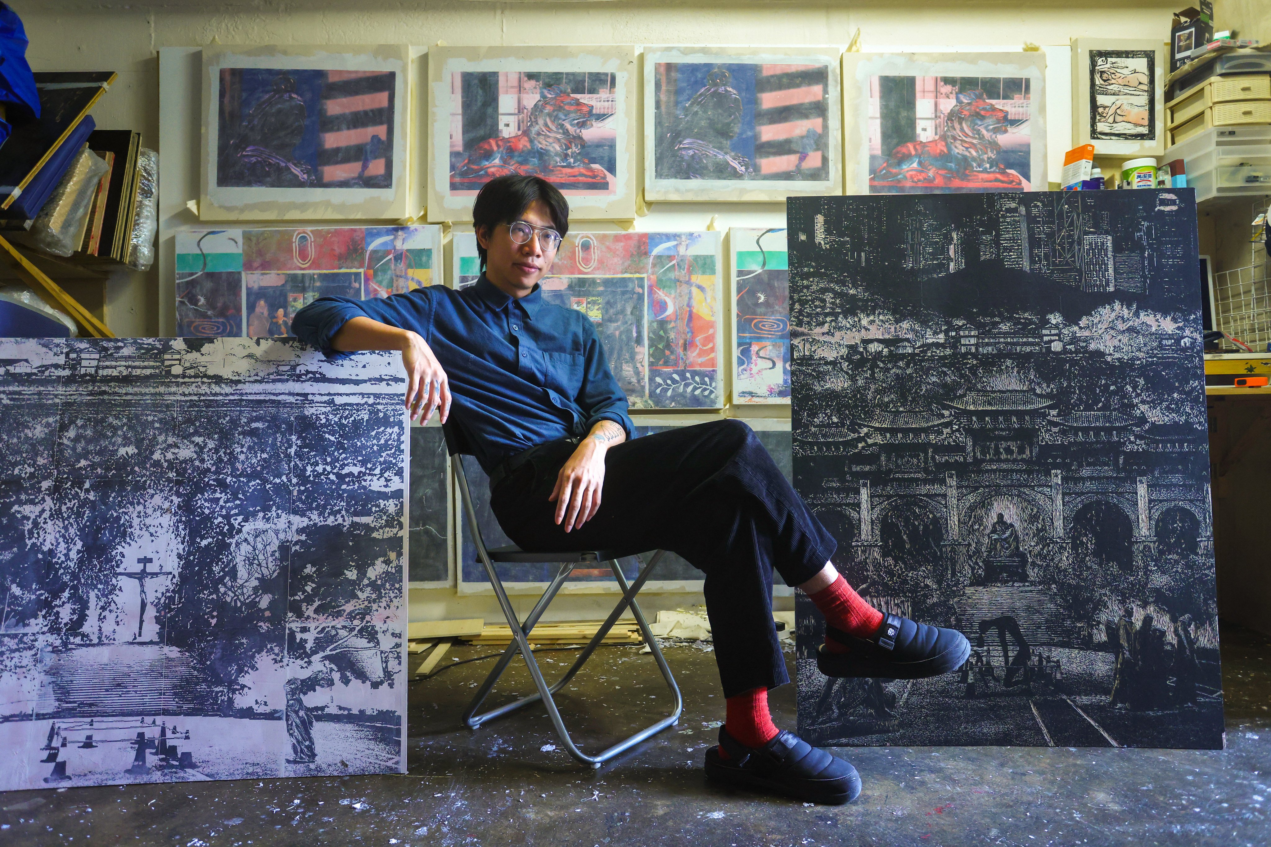 Printmaker Jay Lau at his studio at the Jockey Club Creative Arts Centre in Shek Kip Mei. Lau will take part in a special exhibition ahead of the Hong Kong Open Printshop’s 25th anniversary to raise funds for two new spaces. His “Reality but Virtual: Square” (right) depicts Hong Kong’s skyline, the Liberty Square in Taipei, and La Pietà by Michelangelo. Photo: Jonathan Wong