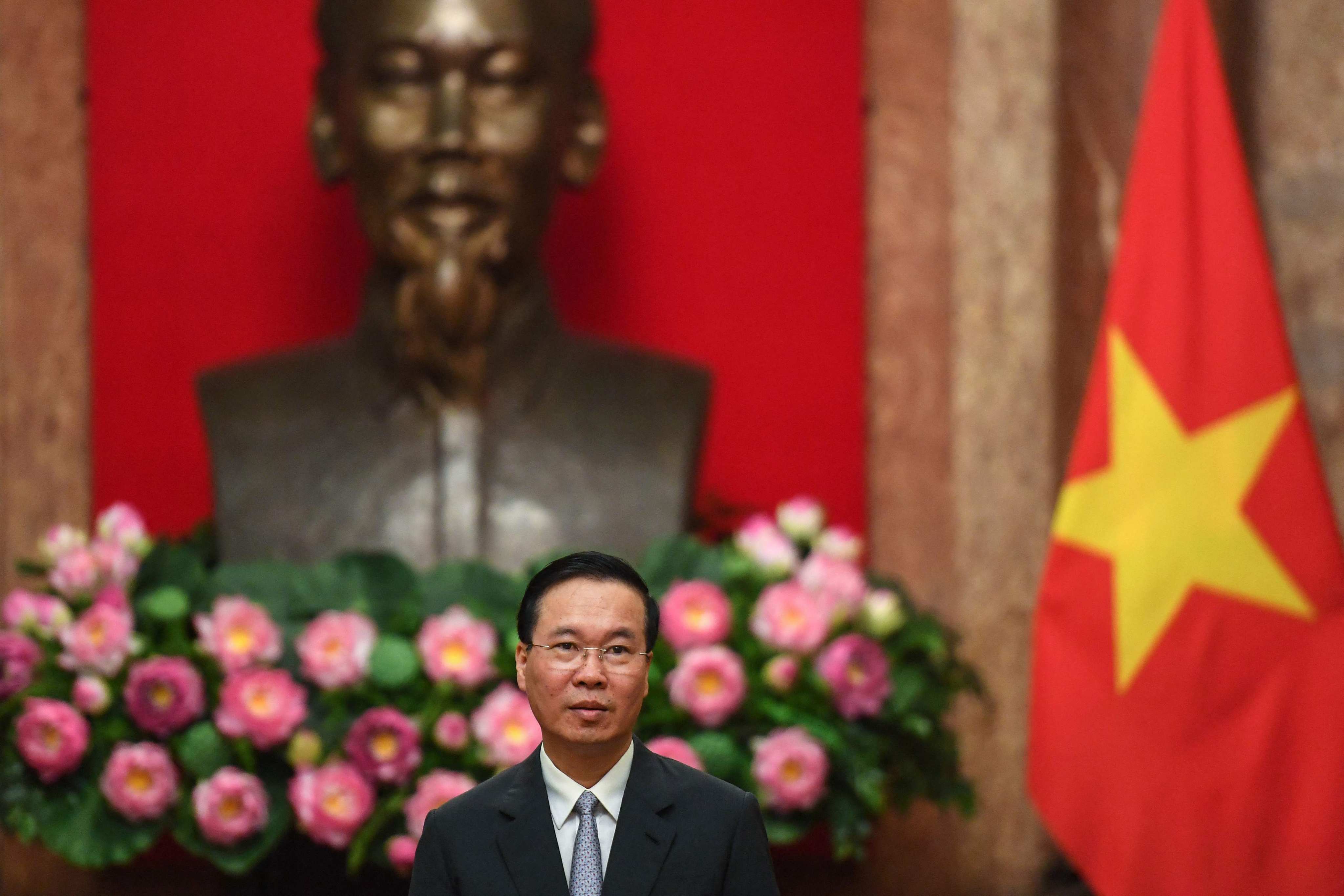Vietnam’s President Vo Van Thuong looks on at the Presidential Palace in Hanoi. The Vietnamese Communist Party on Wednesday accepted the resignation of President Vo Van Thuong, the government said in a statement citing “shortcomings”. Photo: AFP