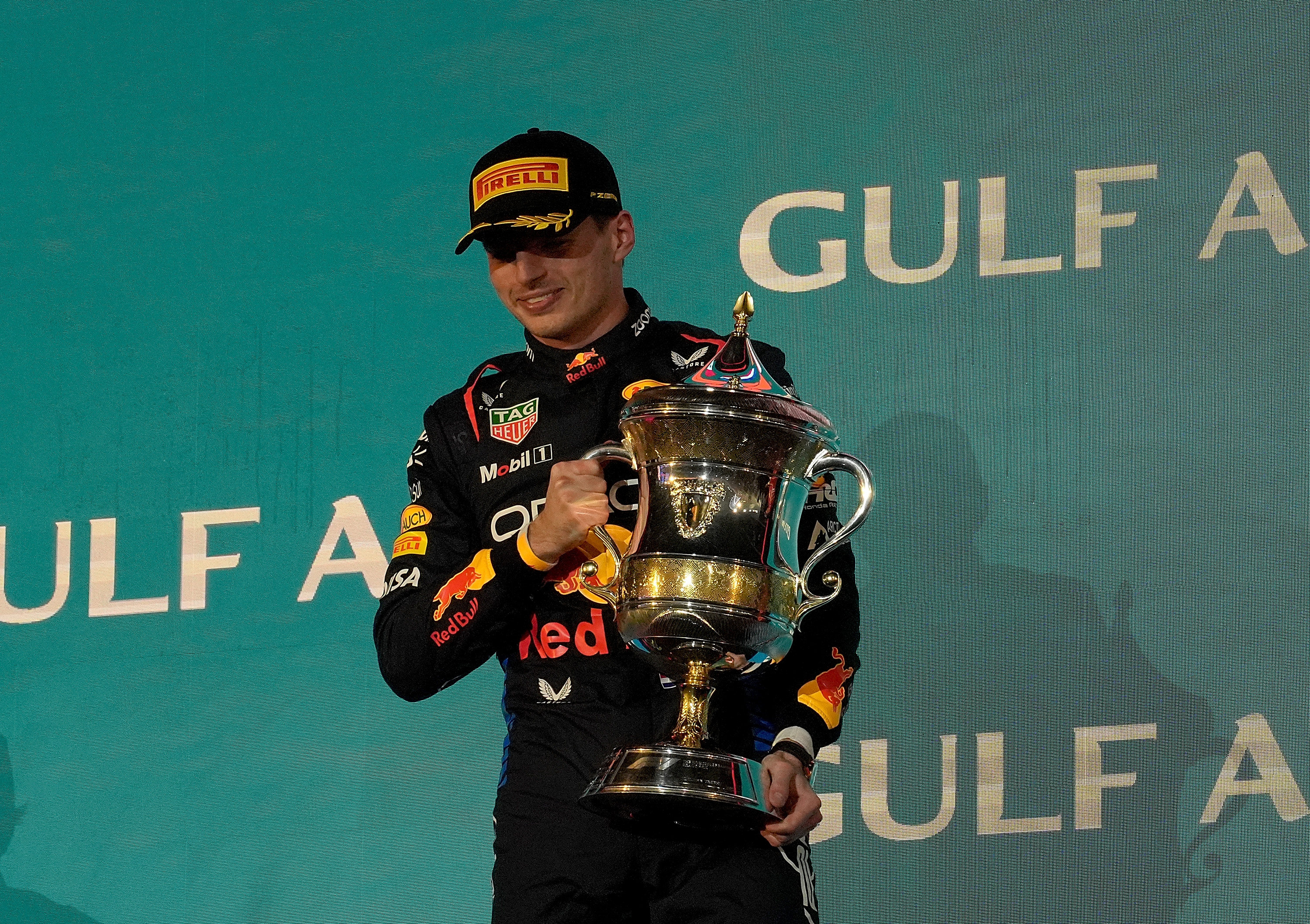 Red Bull’s Max Verstappen celebrates on the podium after winning the Bahrain Grand Prix. Photo: DPA