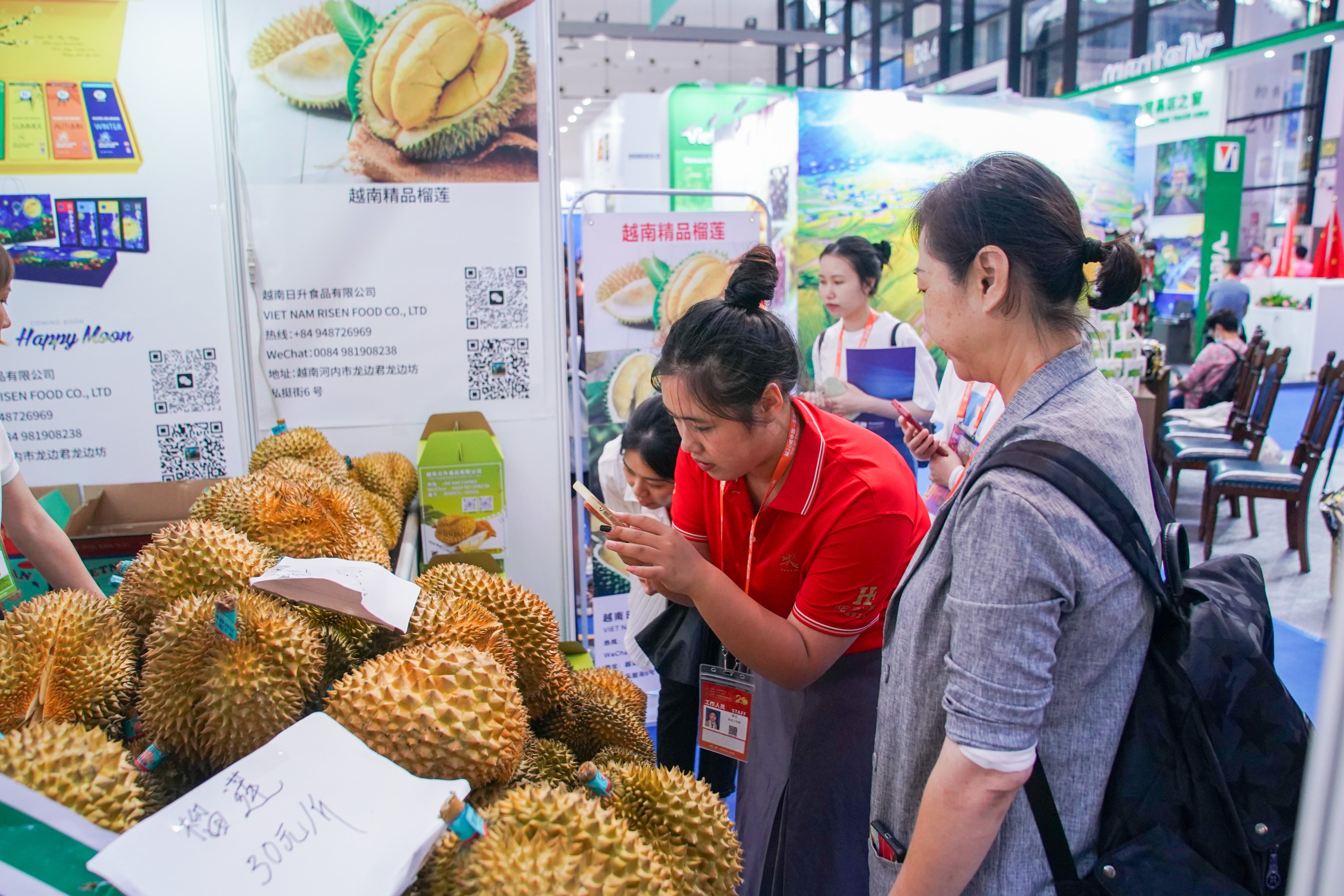 Photos are taken at a Vietnamese durian booth during a trade show in China last year, when imports of the Southeast Asian fruit soared to record levels. Photo: Getty Images