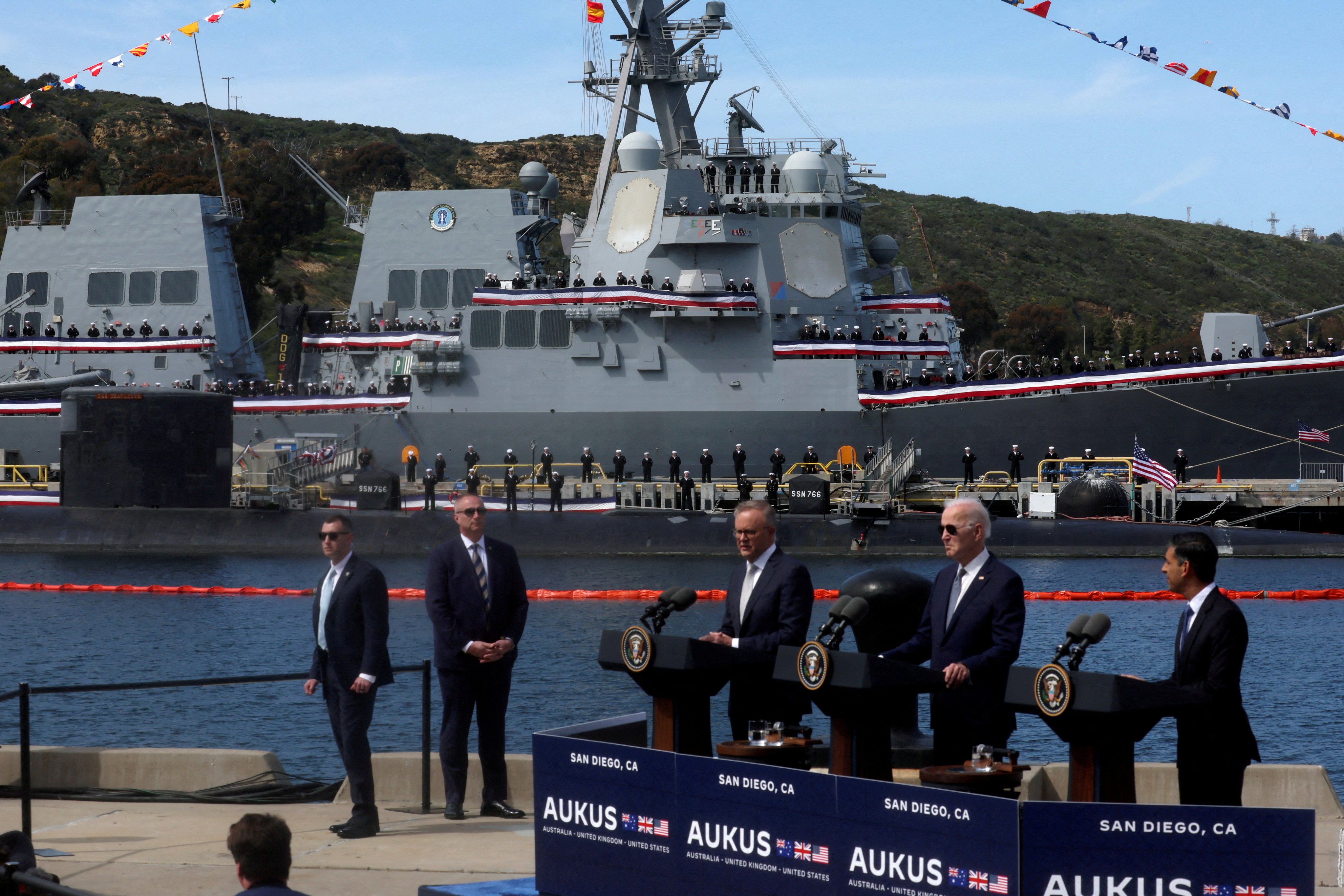 US President Joe Biden, Australian Prime Minister Anthony Albanese and British Prime Minister Rishi Sunak deliver remarks on the Aukus partnership in San Diego, California on. March 13, 2023. Photo: Reuters