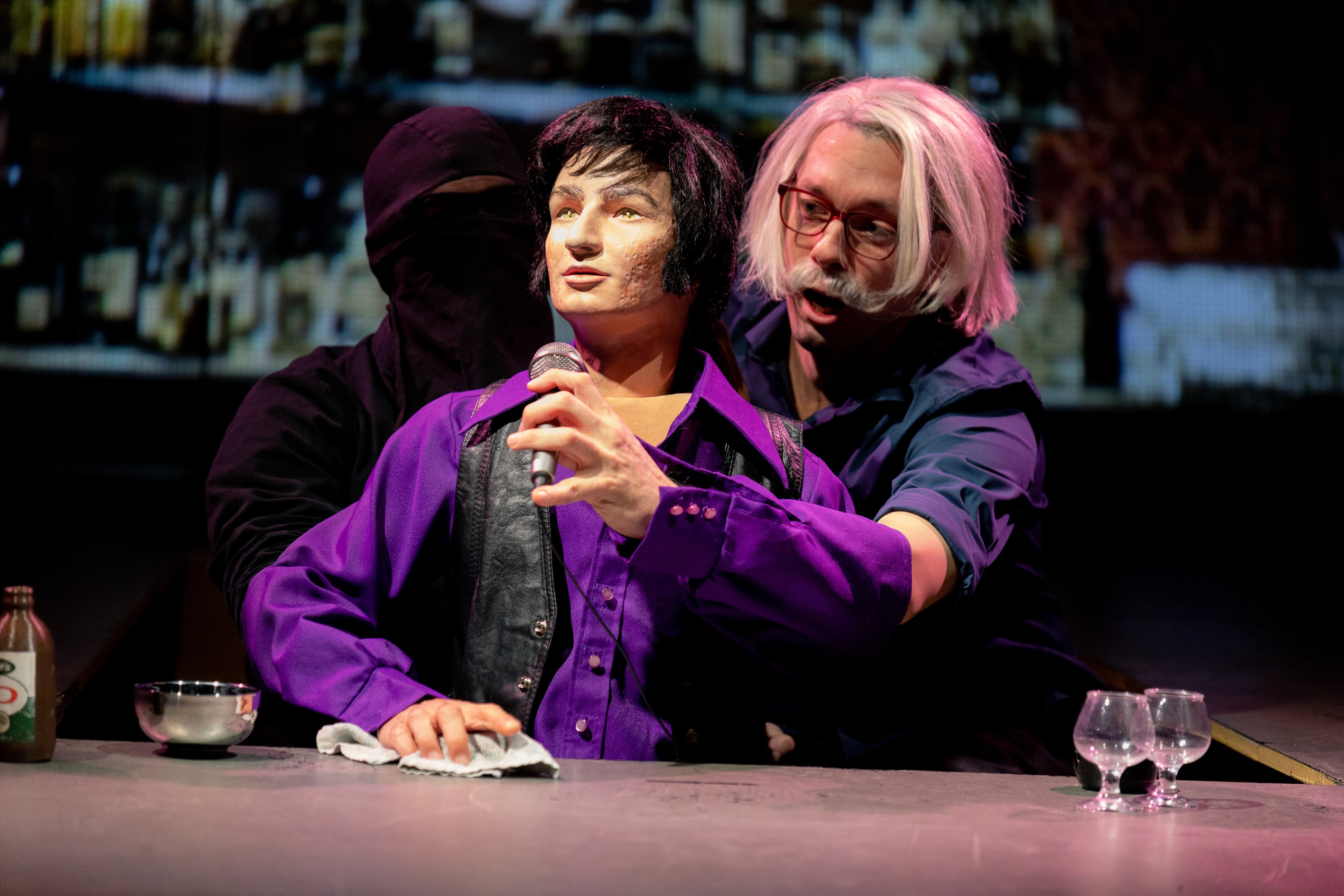 Olivier Normand, the only actor in Robert Lepage’s Courville, with the puppet of protagonist Simon’s alcoholic uncle. The play made deft use ofJapanese-style bunraku puppetry to tell an intense story of teenage trauma in 1970s Quebec. Photo: courtesy of Hong Kong Arts Festival