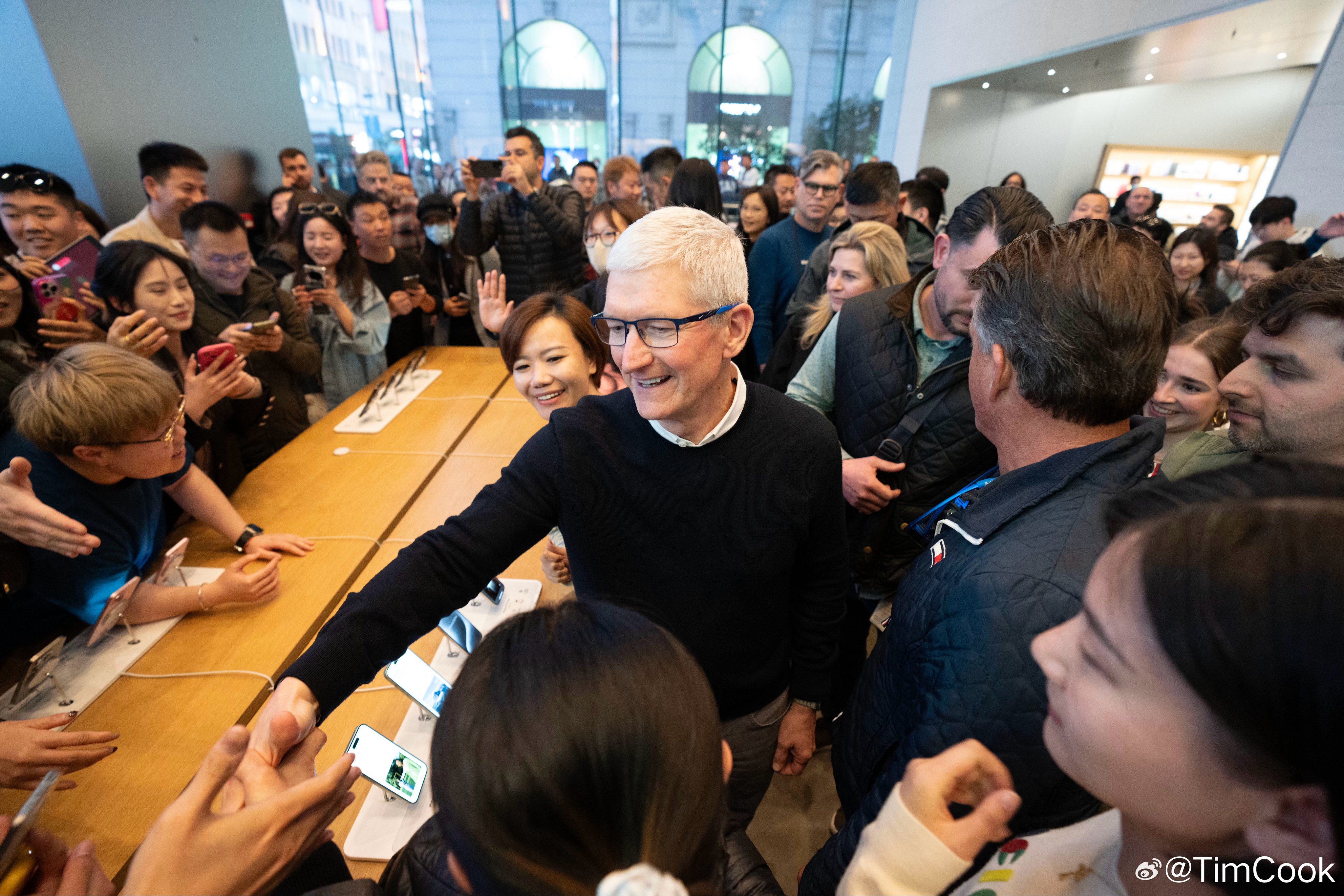 Apple chief executive Tim Cook greets a throng of visitors at the opening of the company’s new retail store in Shanghai’s Jing’an district on March 21, 2024. Photo: Weibo