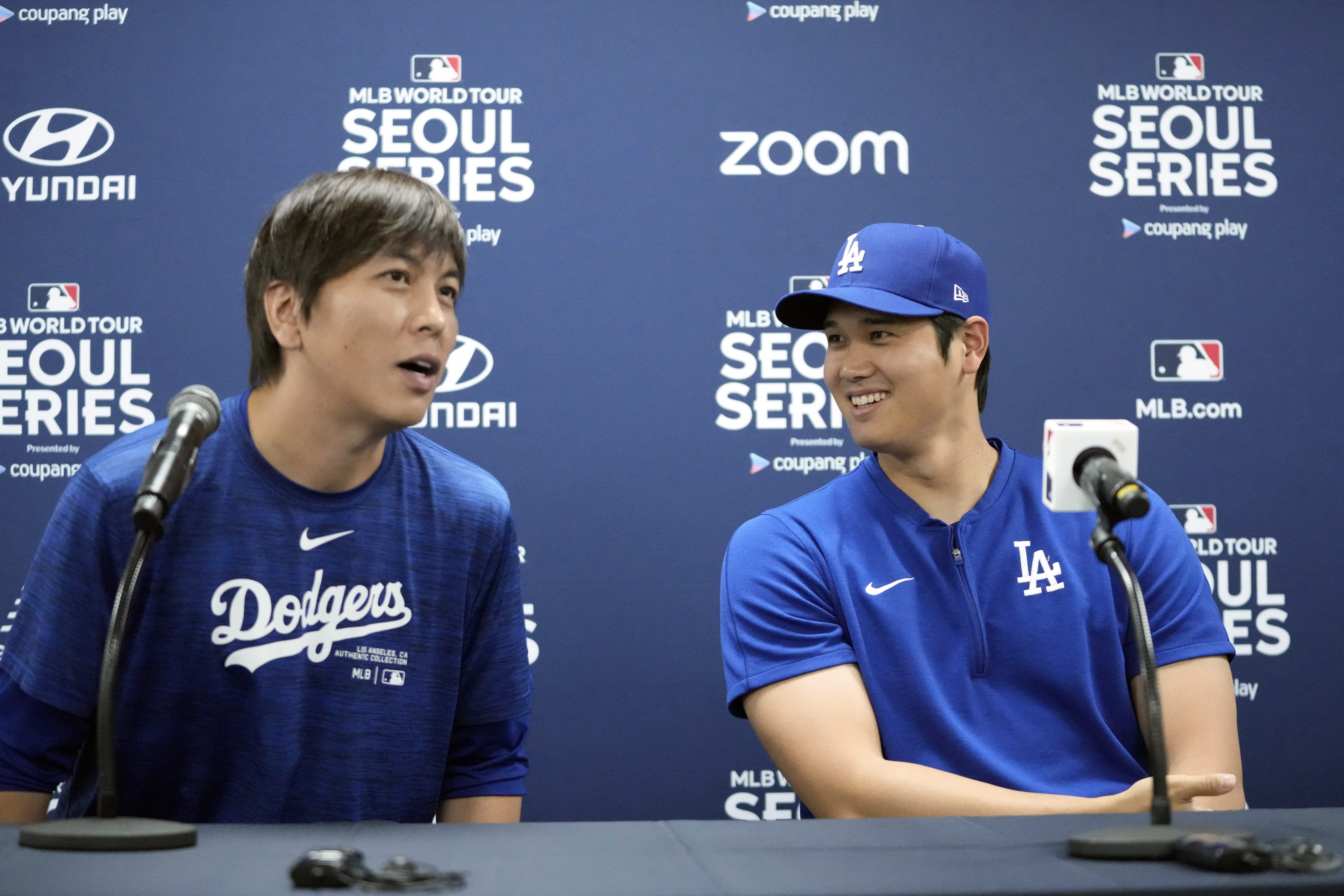 Los Angeles Dodgers’ Shohei Ohtani (right) and his interpreter, Ippei Mizuhara, at a news conference ahead of a baseball workout at Gocheok Sky Dome in Seoul, South Korea. Photo: AP