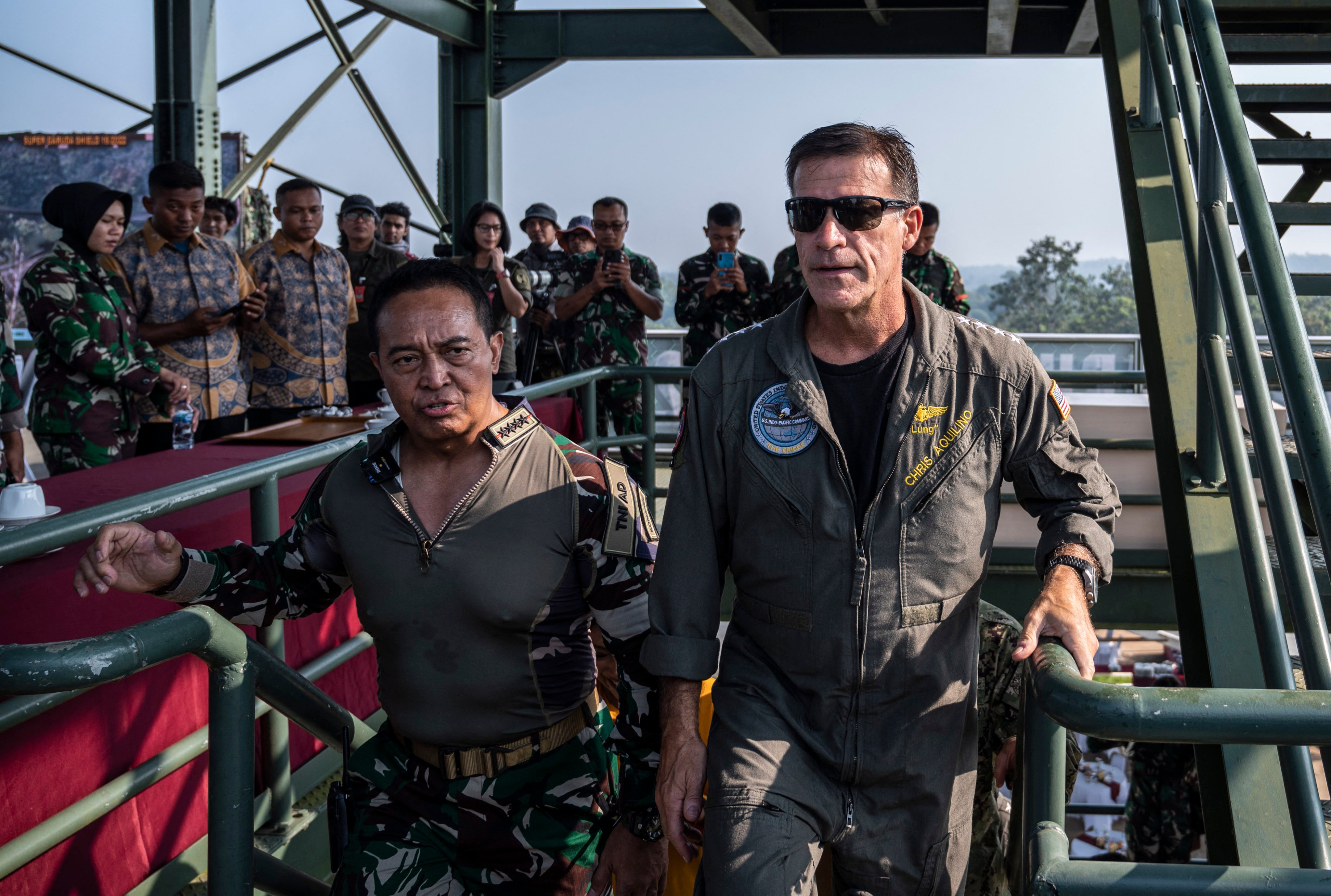 Admiral John Aquilino, commander of the US Indo-Pacific Command (right), walks with then-Indonesian Armed Forces Chief General Andika Perkasa during joint military exercises in South Sumatra in 2022. Photo: AFP