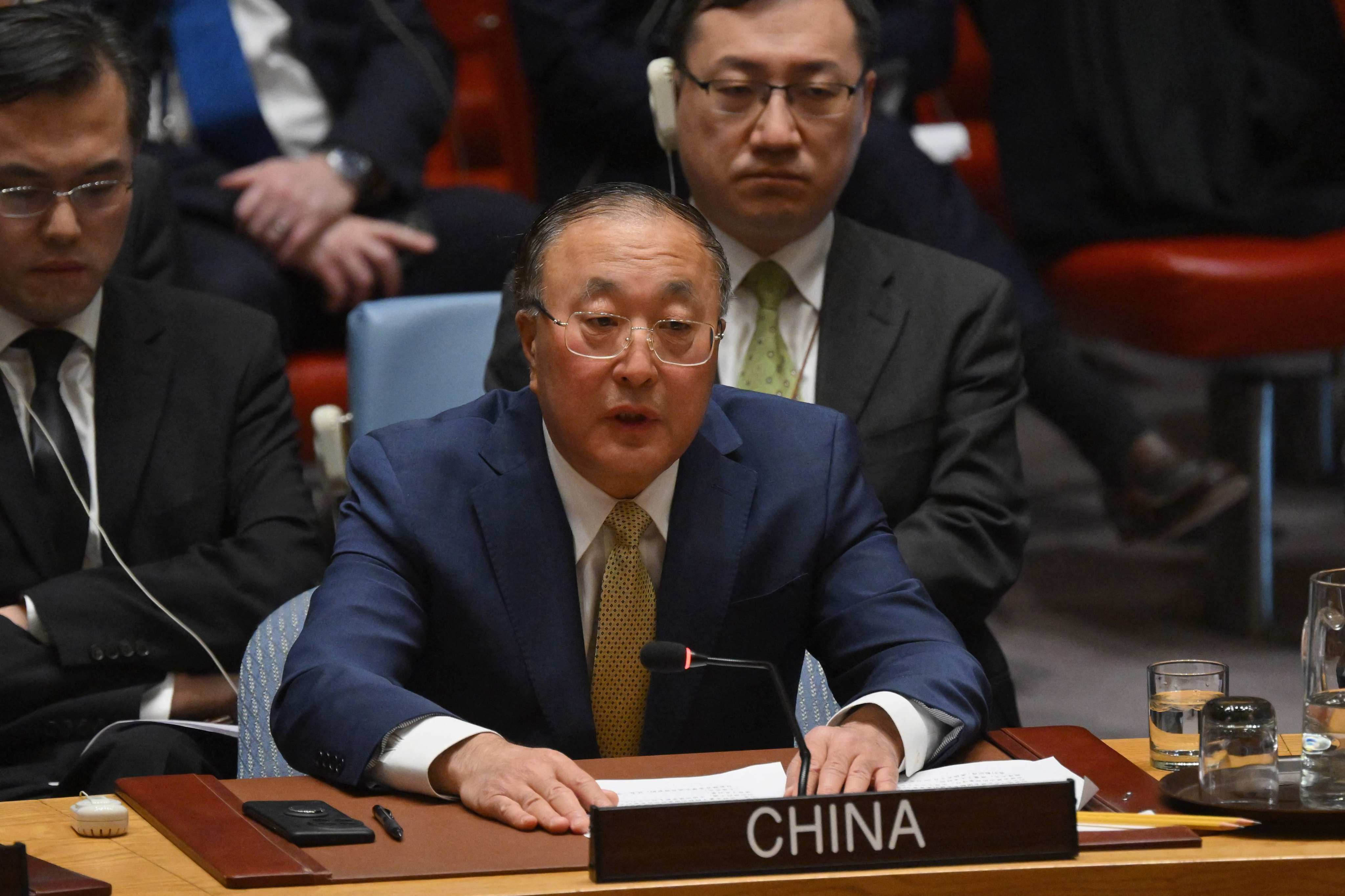 China’s UN ambassador Zhang Jun speaks during a UN Security Council vote on a Gaza ceasefire and hostage deal at UN headquarters in New York on Friday. Photo: AFP