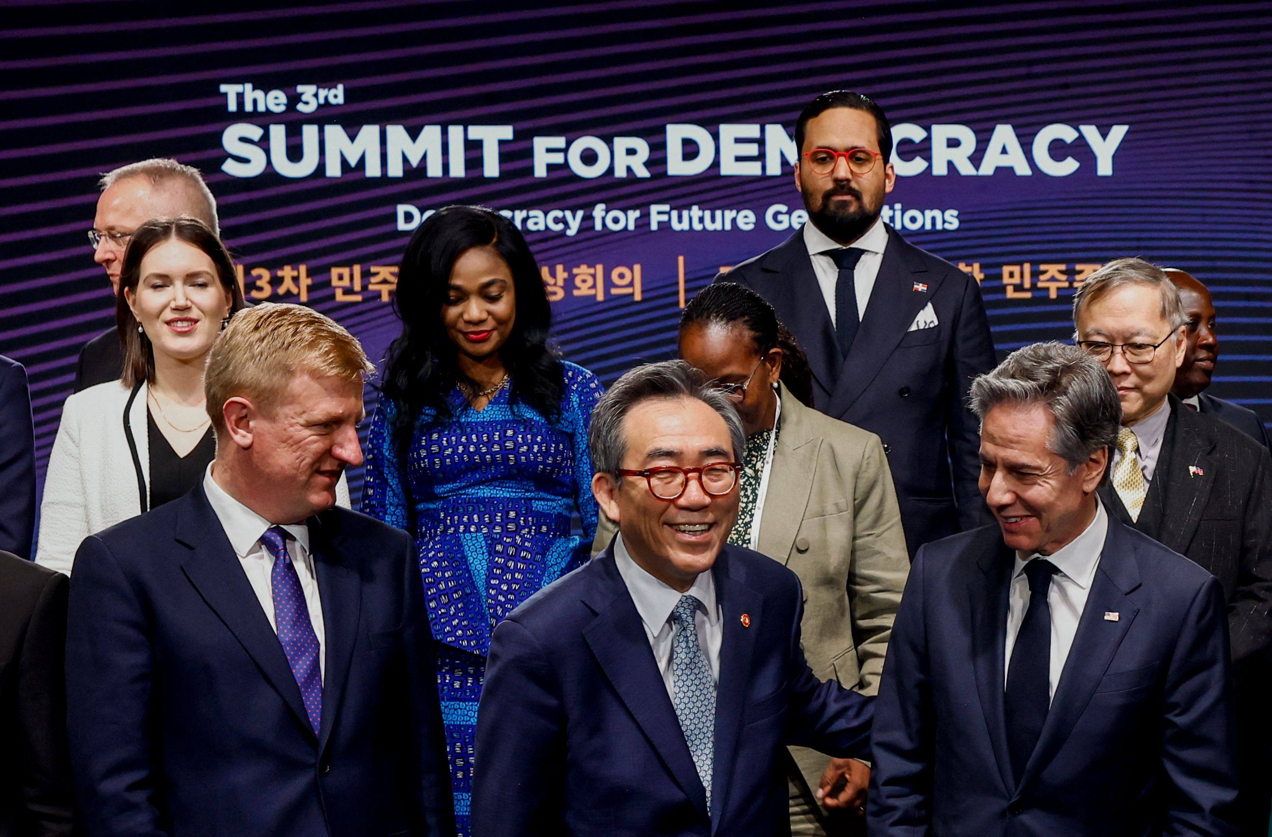 US Secretary of State Antony Blinken (right) speaks with South Korean Foreign Minister Cho Tae-yul as Britain’s Deputy Prime Minister Oliver Dowden looks on at the Summit for Democracy in Seoul. Photo: AFP