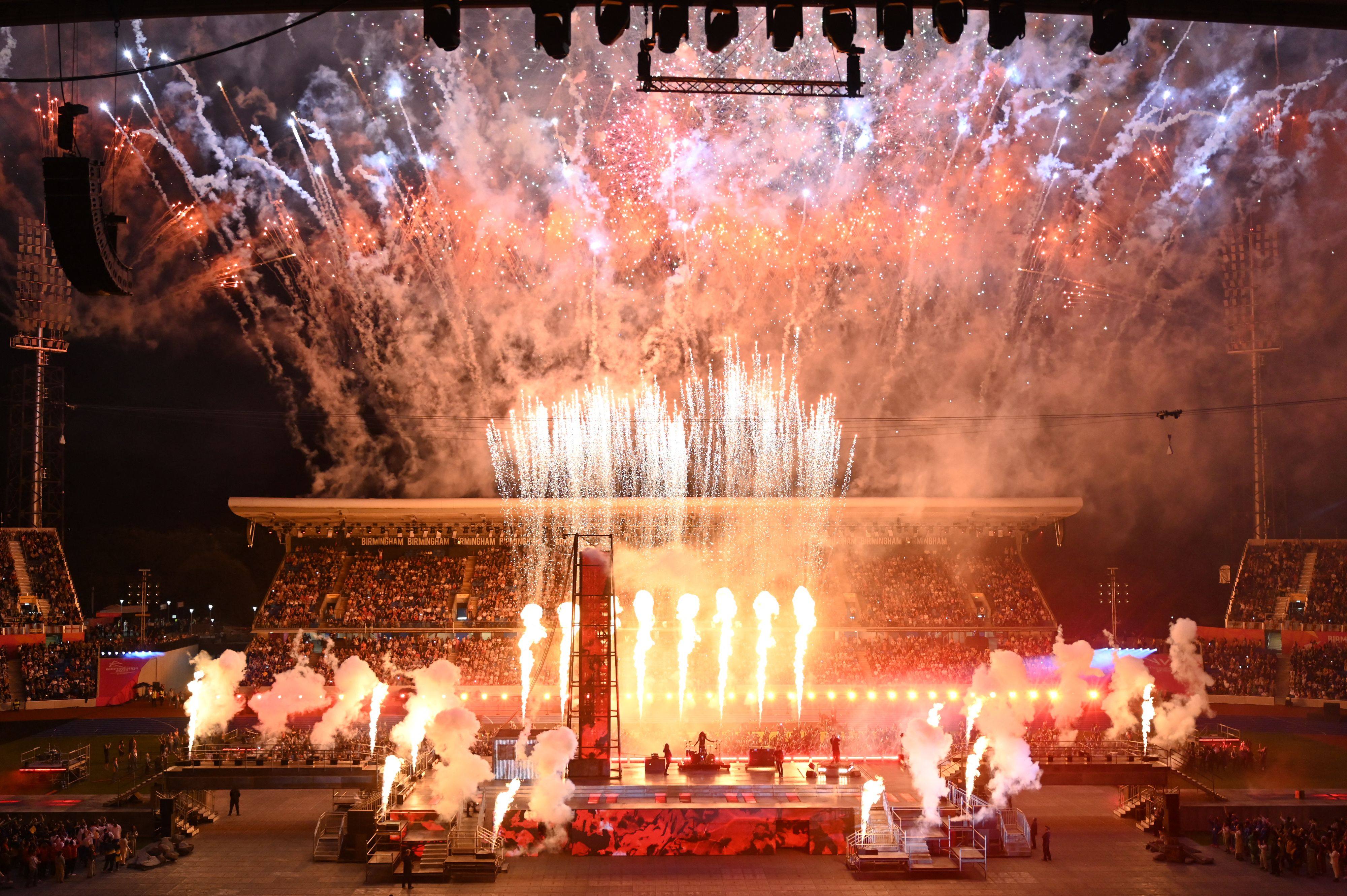 Fireworks erupt over the Alexander Stadium during the closing ceremony for the 2022 Commonwealth Games in Birmingham, Britain. Photo: AFP