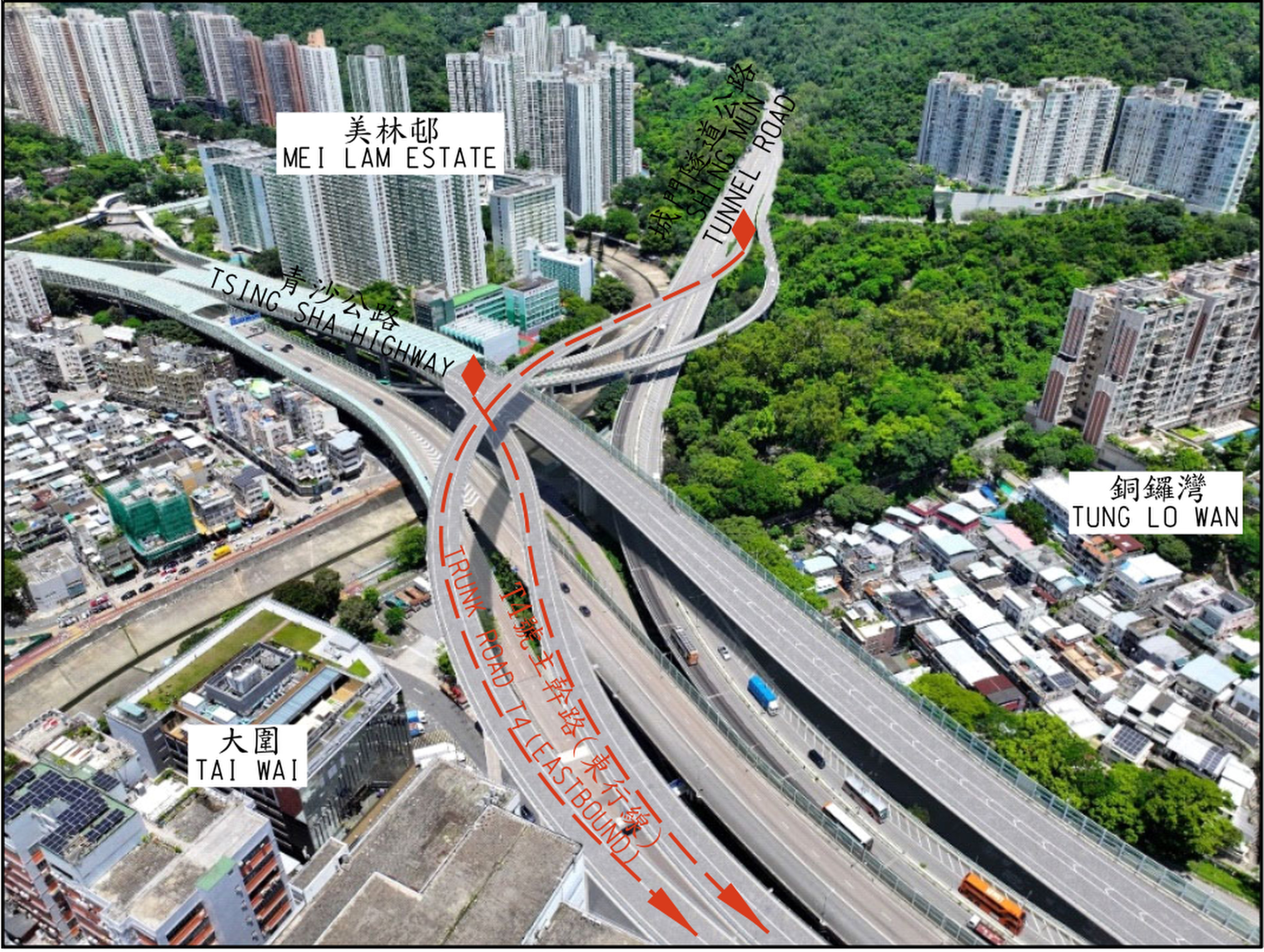 An illustration of the connection points for the Shing Sun Tunnel Road and Tsing Sha Highway to the Trunk Road T4. Photo: Handout